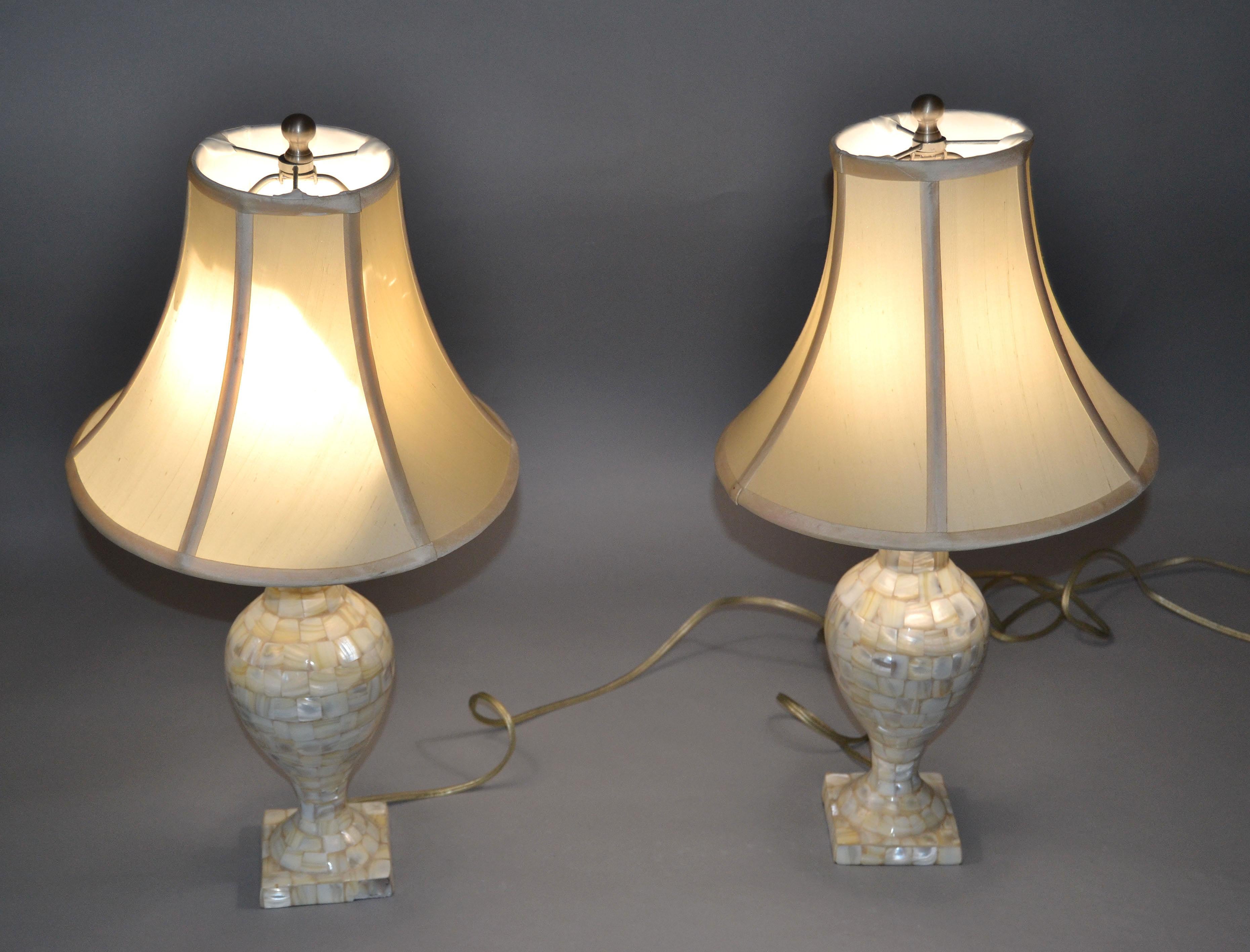 American Pair, Hollywood Regency Vintage Capiz Shell Table Lamps with Shades For Sale