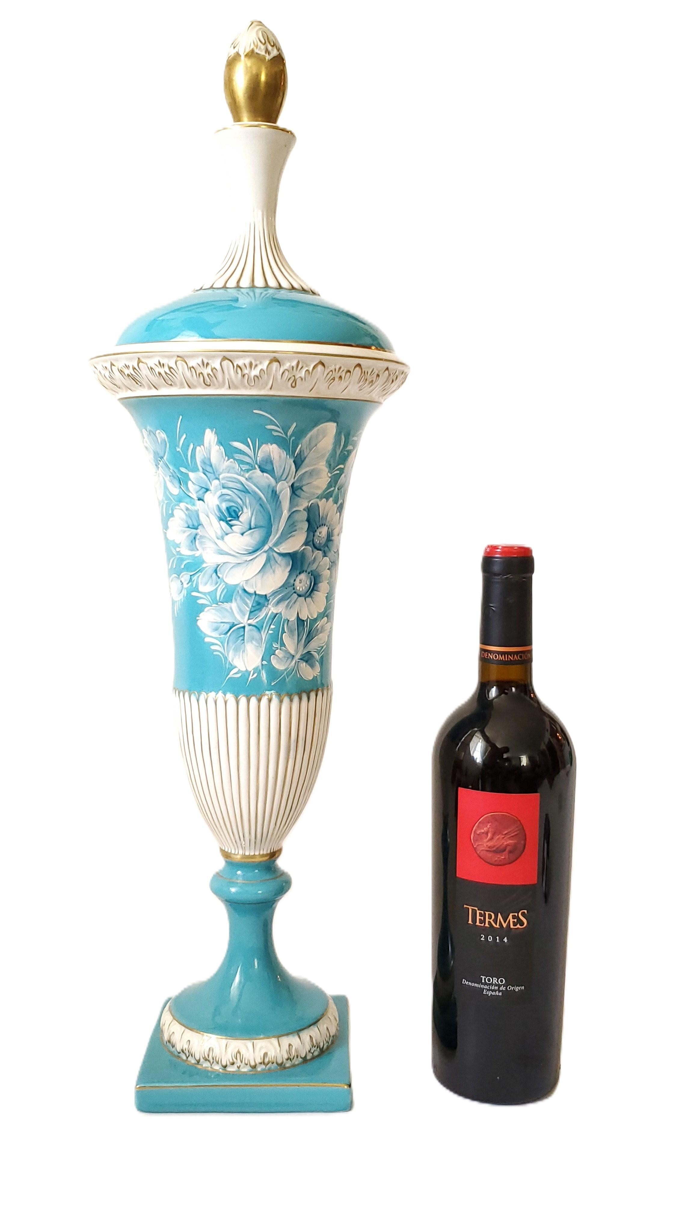 Capodimonte Turquoise Blue Porcelain Hand Painted Lidded Urn Signed For Sale 10