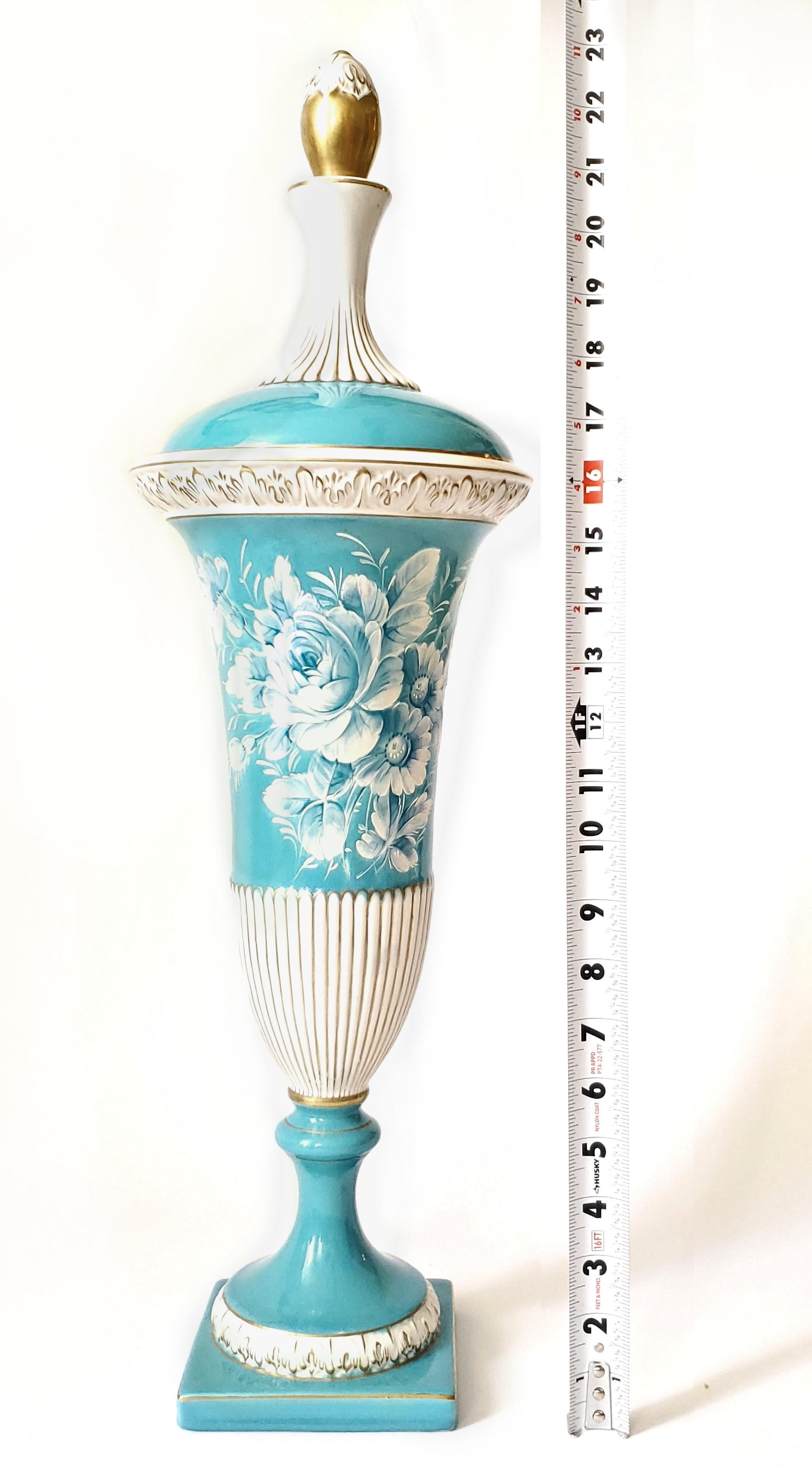 Capodimonte Turquoise Blue Porcelain Hand Painted Lidded Urn Signed For Sale 11