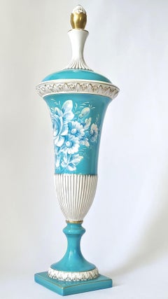 1950s Capodimonte Turquoise Blue Porcelain Hand Painted Lidded Urn Vase