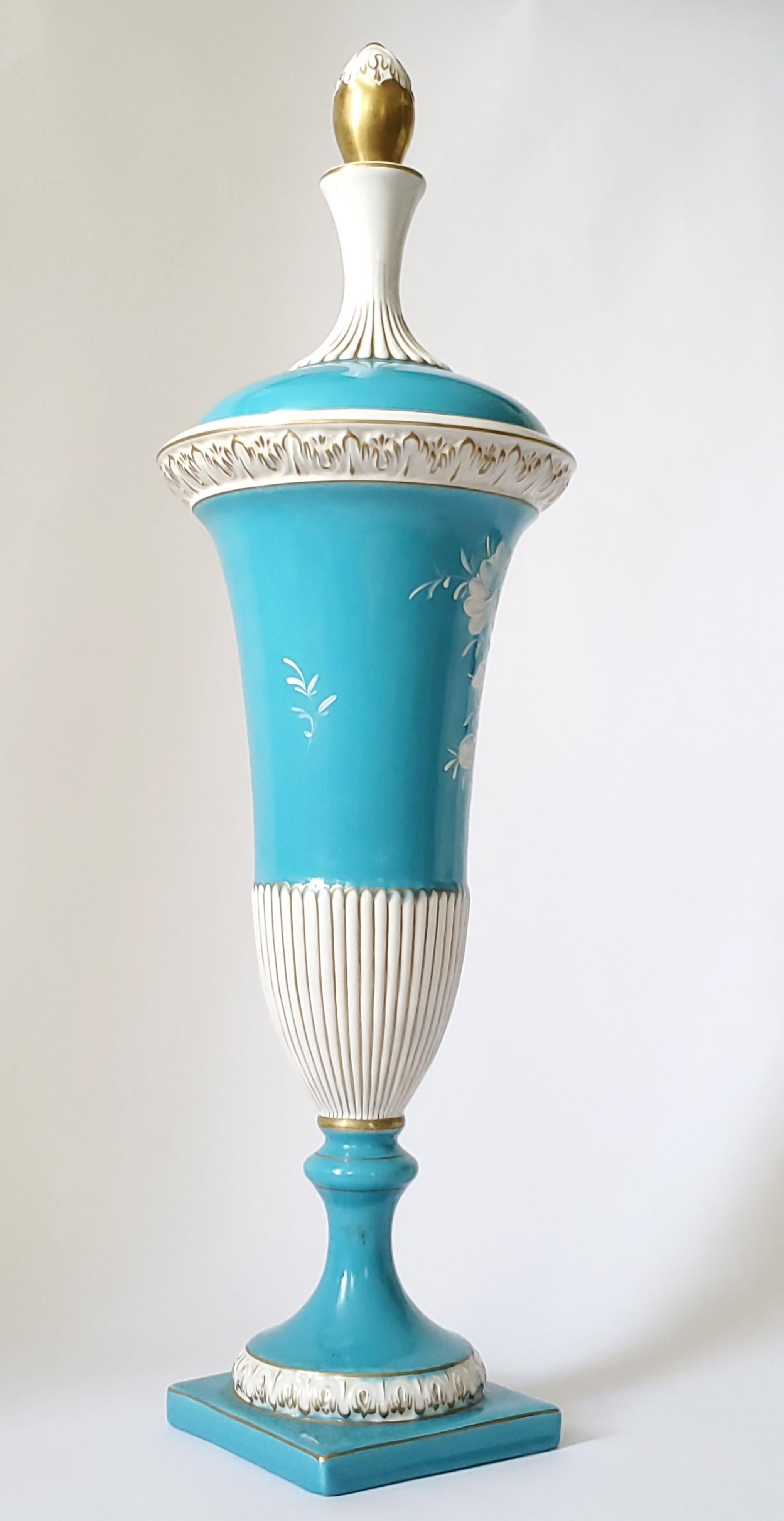 Neoclassical Capodimonte Turquoise Blue Porcelain Hand Painted Lidded Urn Signed For Sale