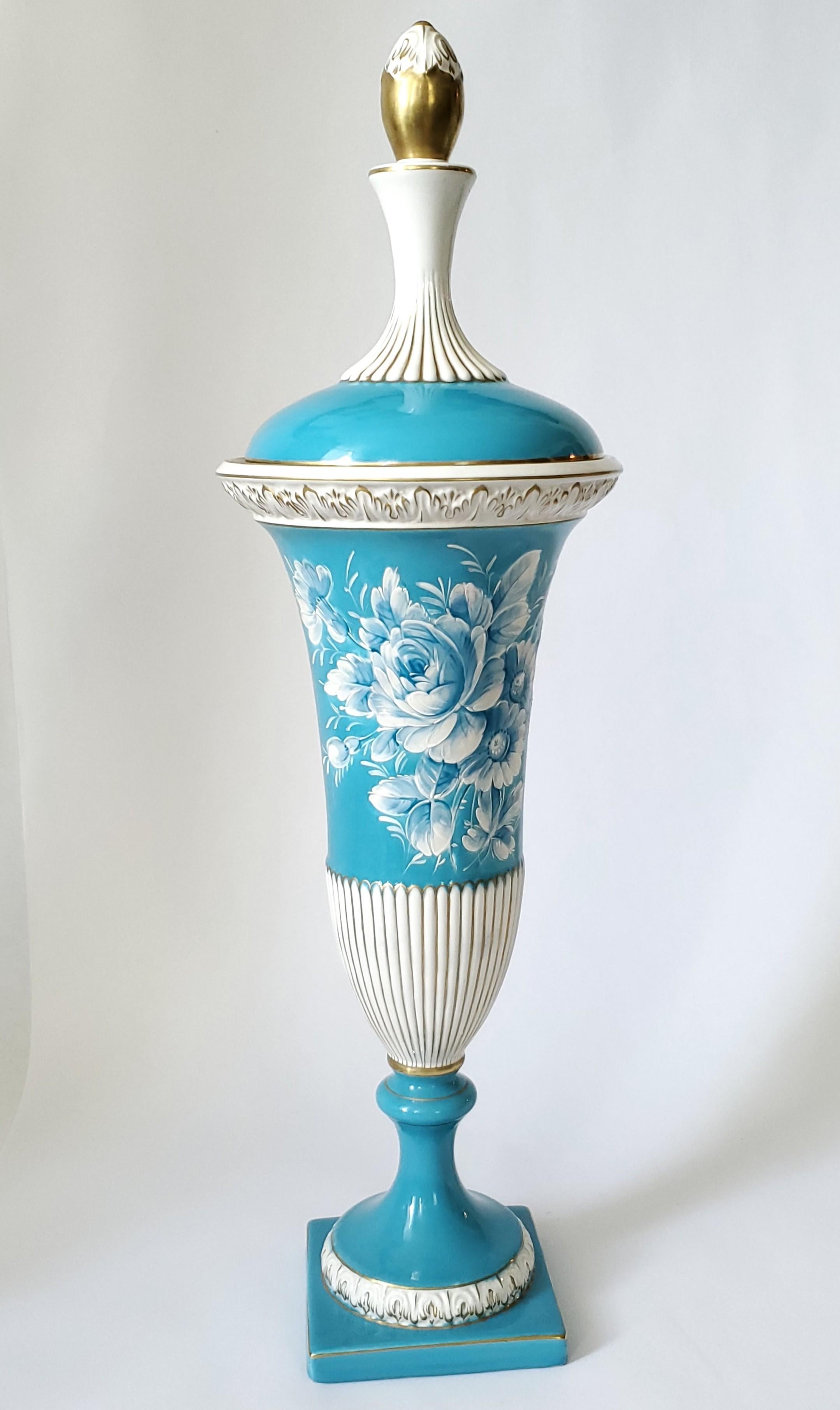 Italian Capodimonte Turquoise Blue Porcelain Hand Painted Lidded Urn Signed For Sale