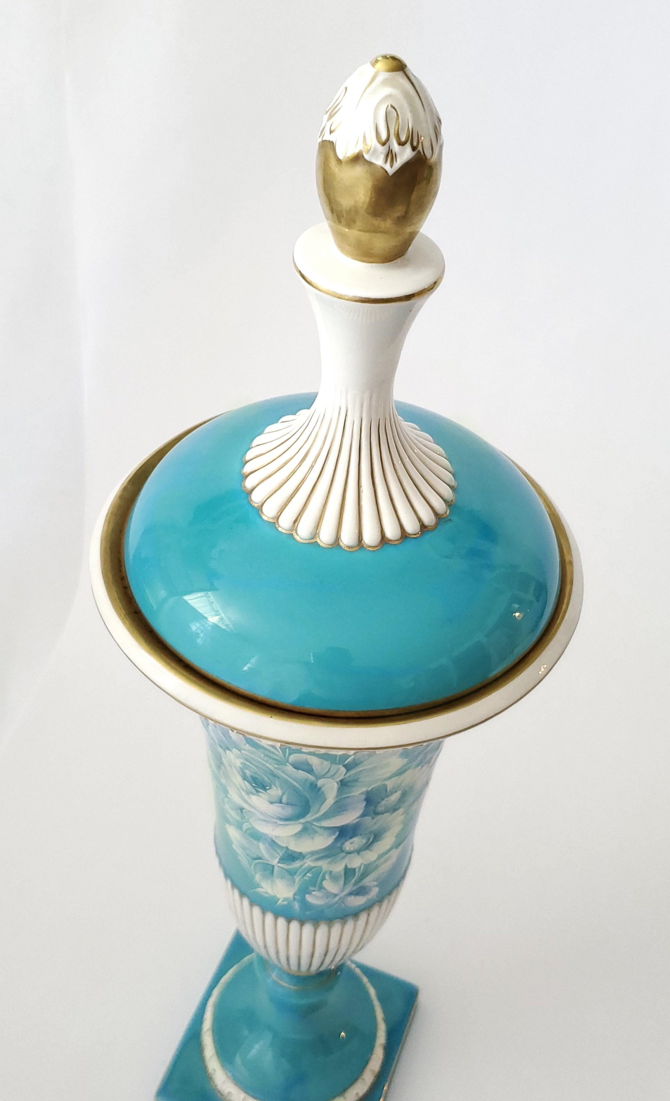 Hand-Painted Capodimonte Turquoise Blue Porcelain Hand Painted Lidded Urn Signed For Sale