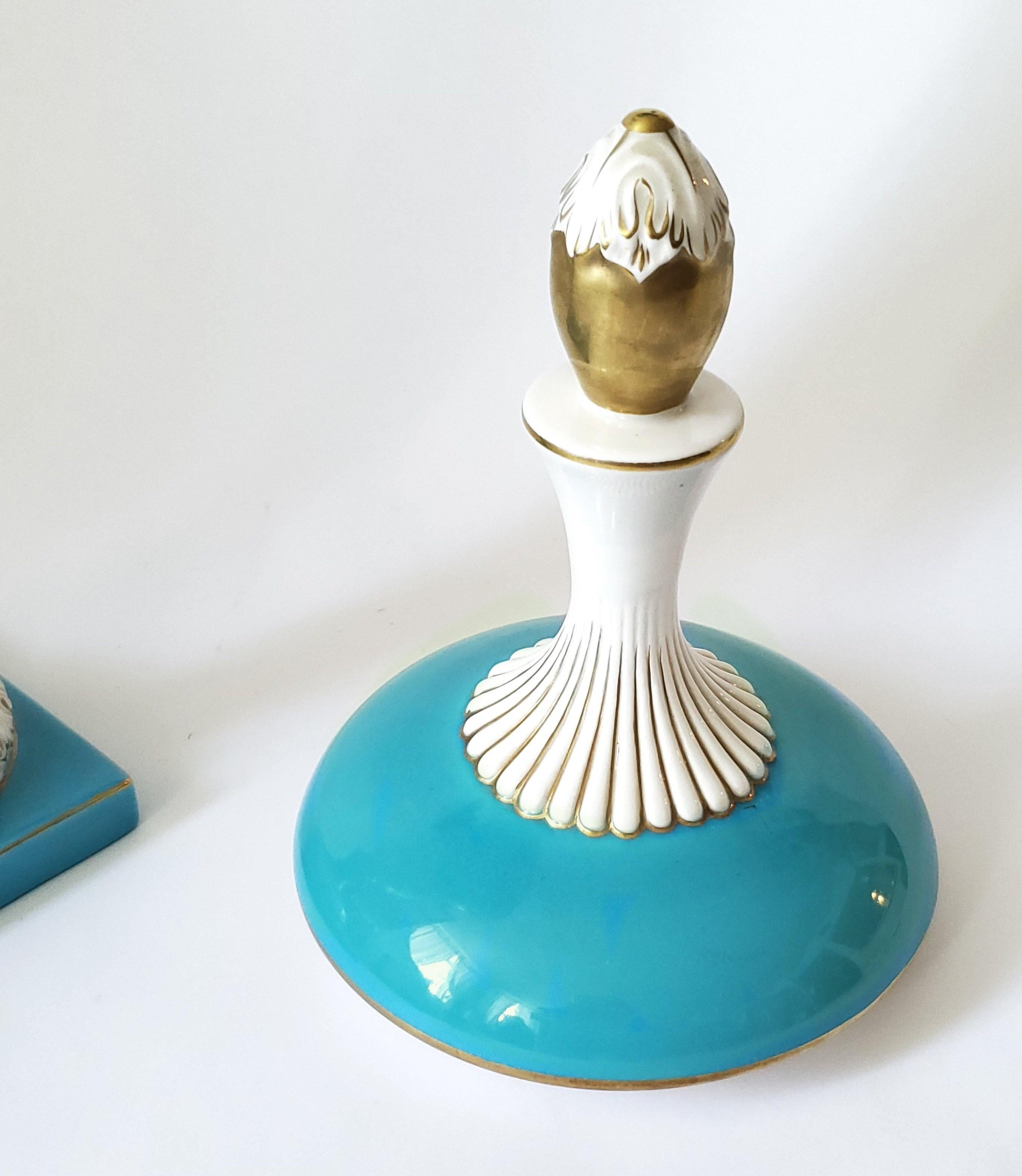 20th Century Capodimonte Turquoise Blue Porcelain Hand Painted Lidded Urn Signed For Sale
