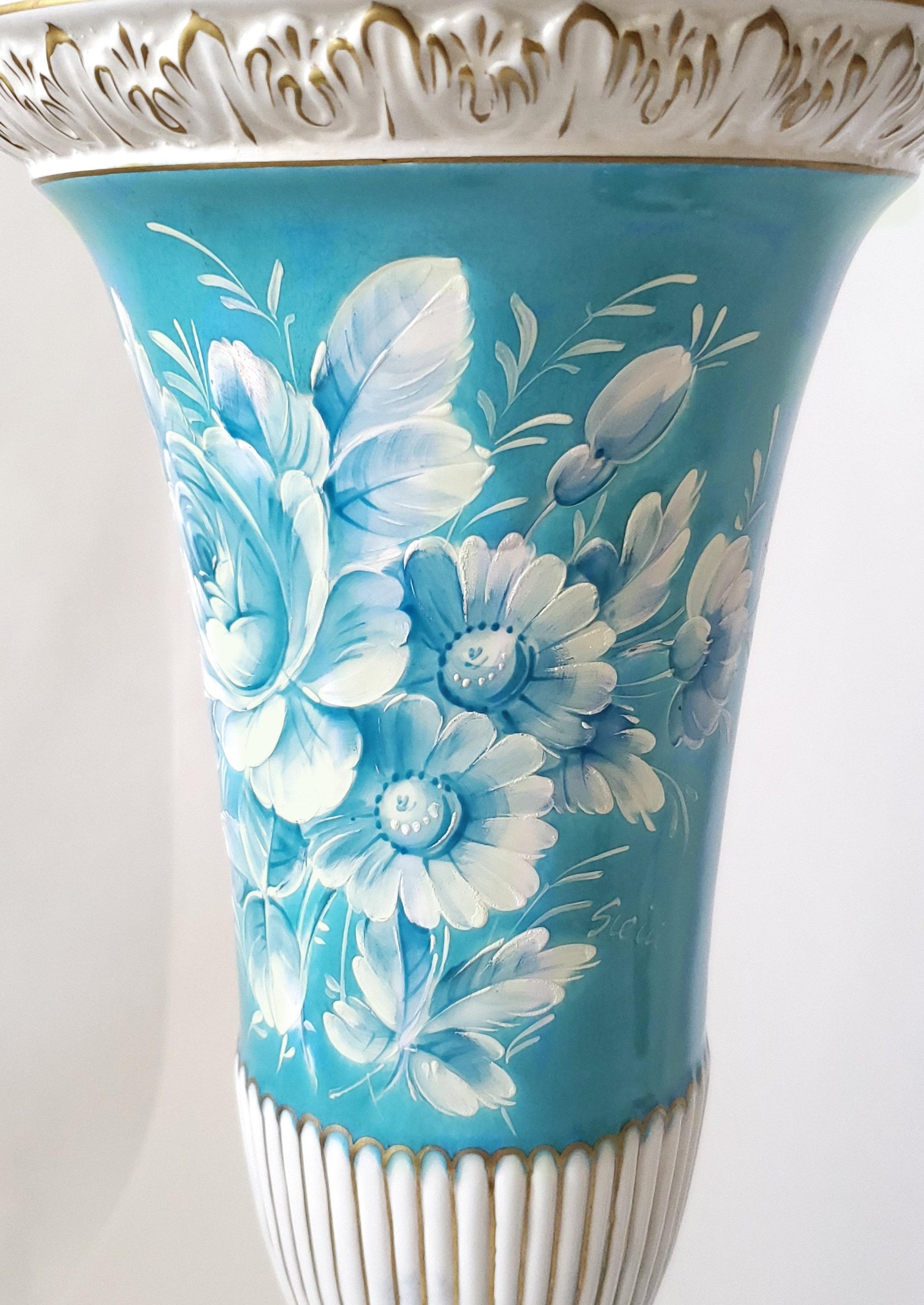 Capodimonte Turquoise Blue Porcelain Hand Painted Lidded Urn Signed For Sale 1