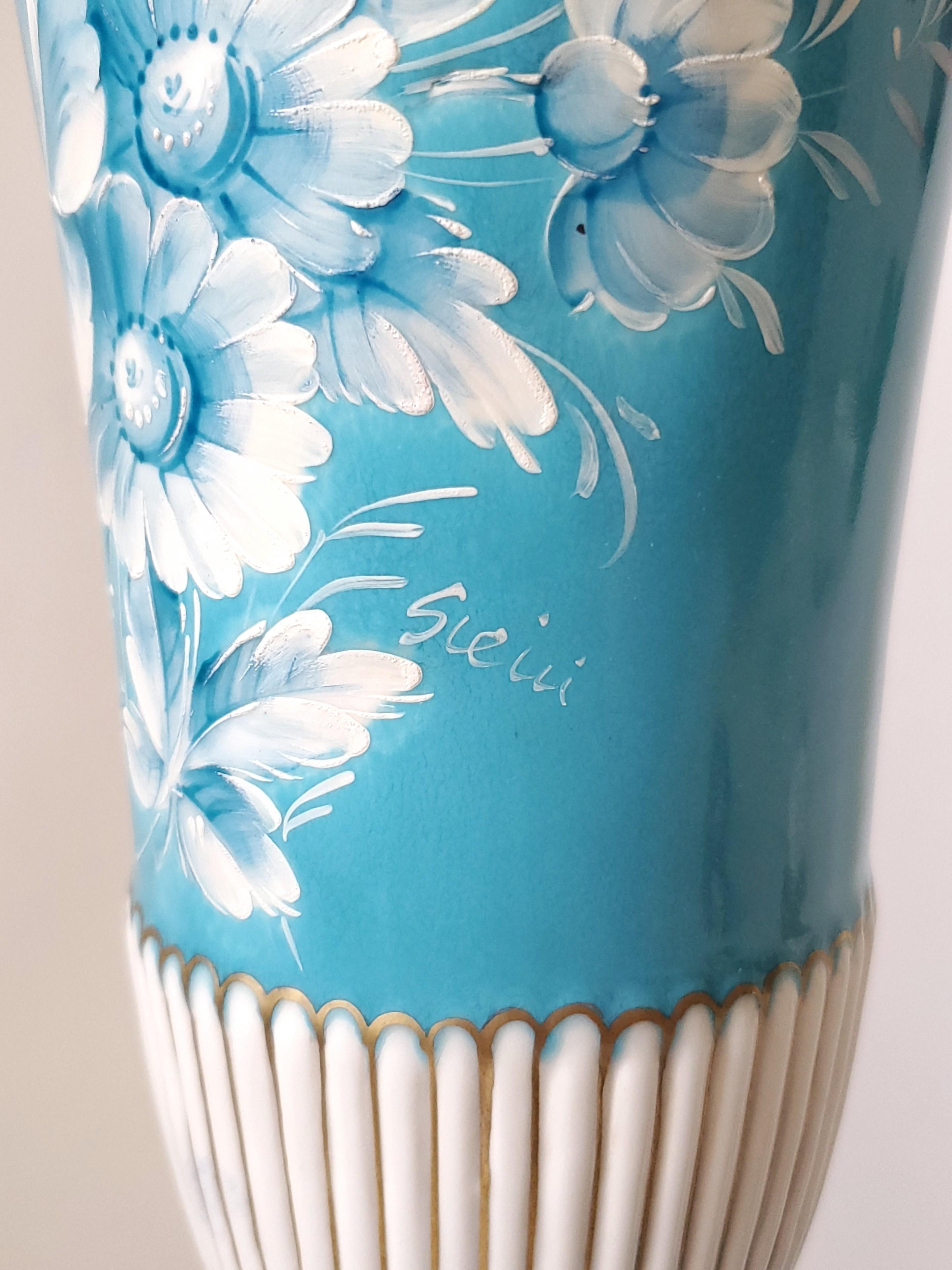 Capodimonte Turquoise Blue Porcelain Hand Painted Lidded Urn Signed For Sale 2