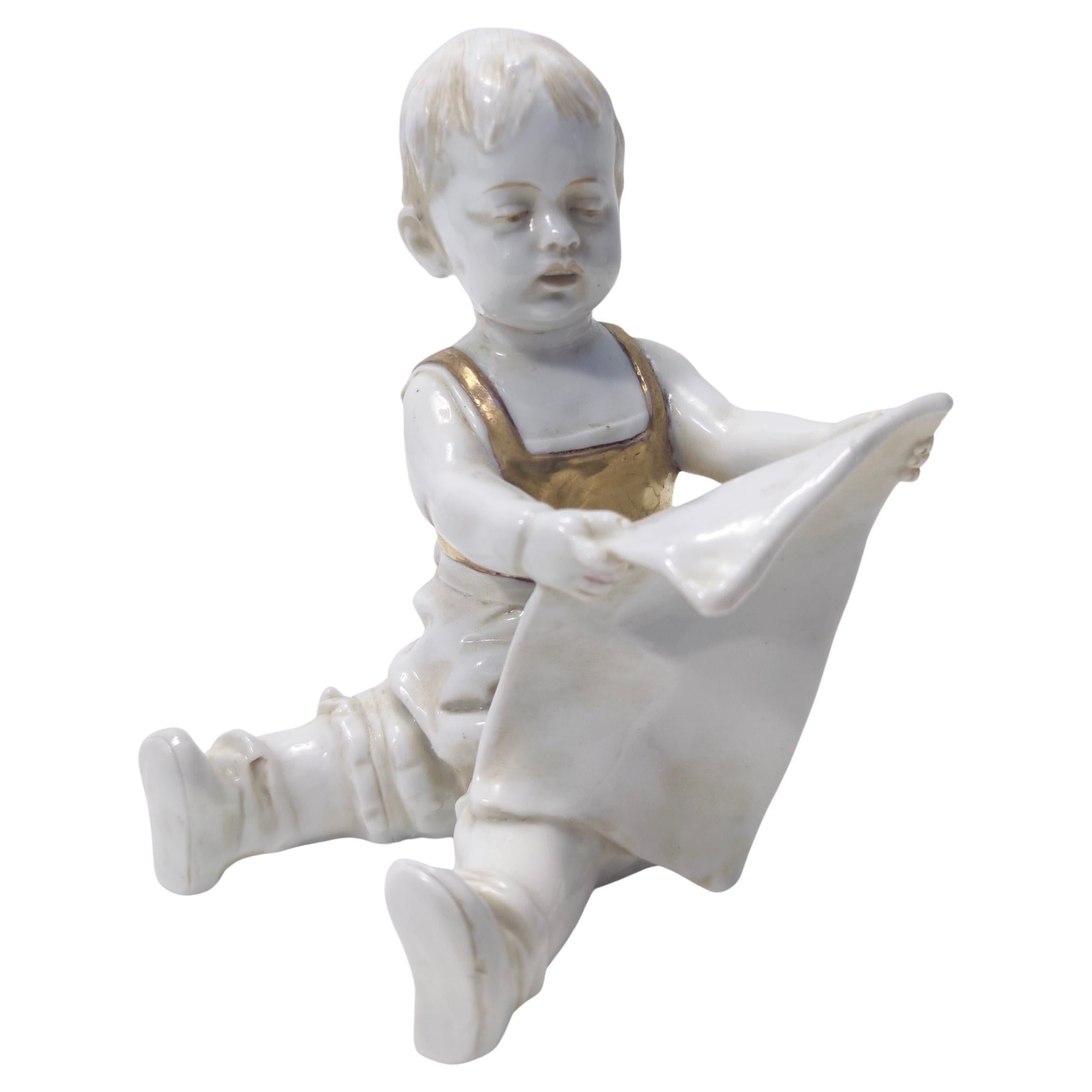 Vintage Capodimonte Ceramic and Gold Decorative Item of a Reading Child, Italy