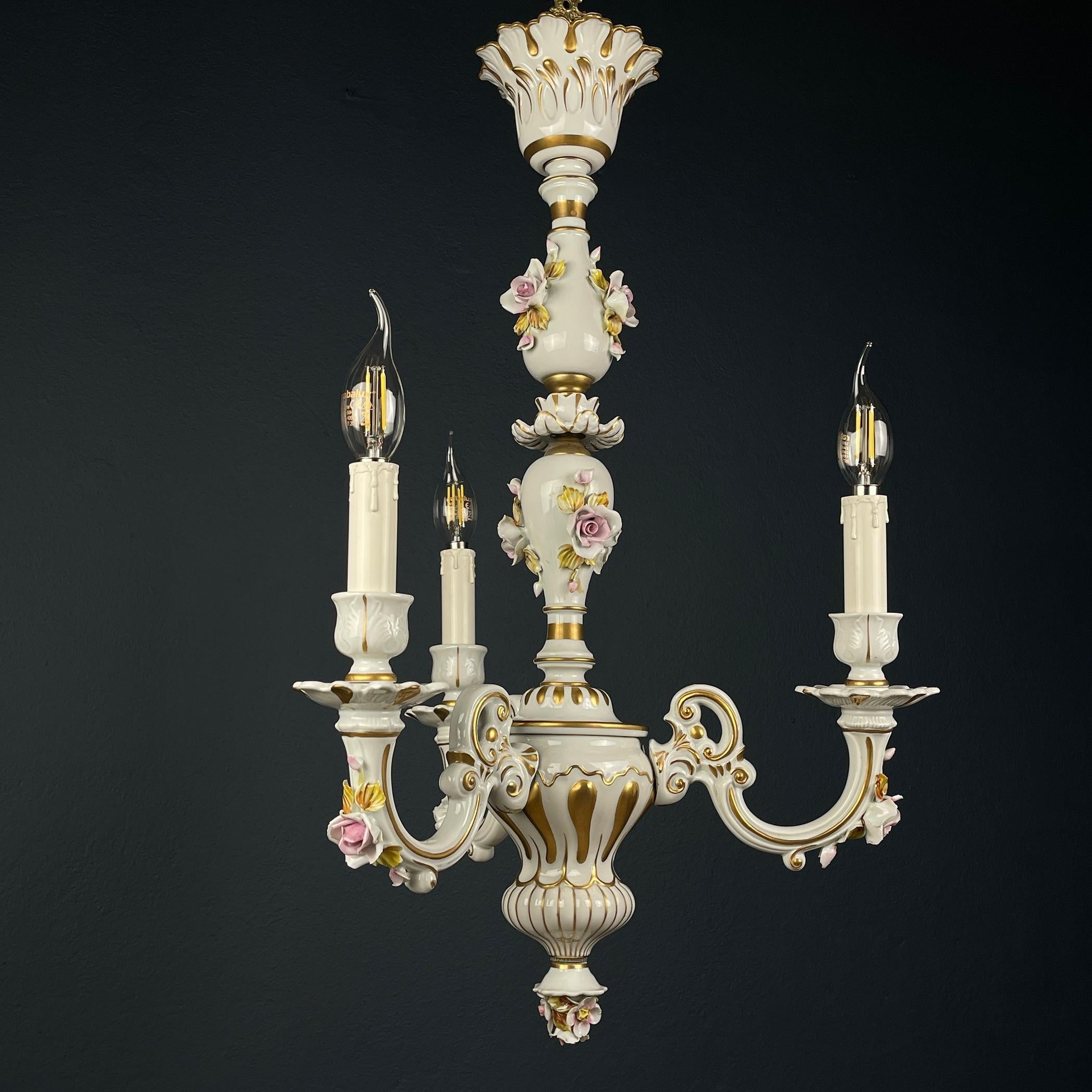 Vintage Capodimonte porcelain 3 arm chandelier Italy 1940s For Sale 3