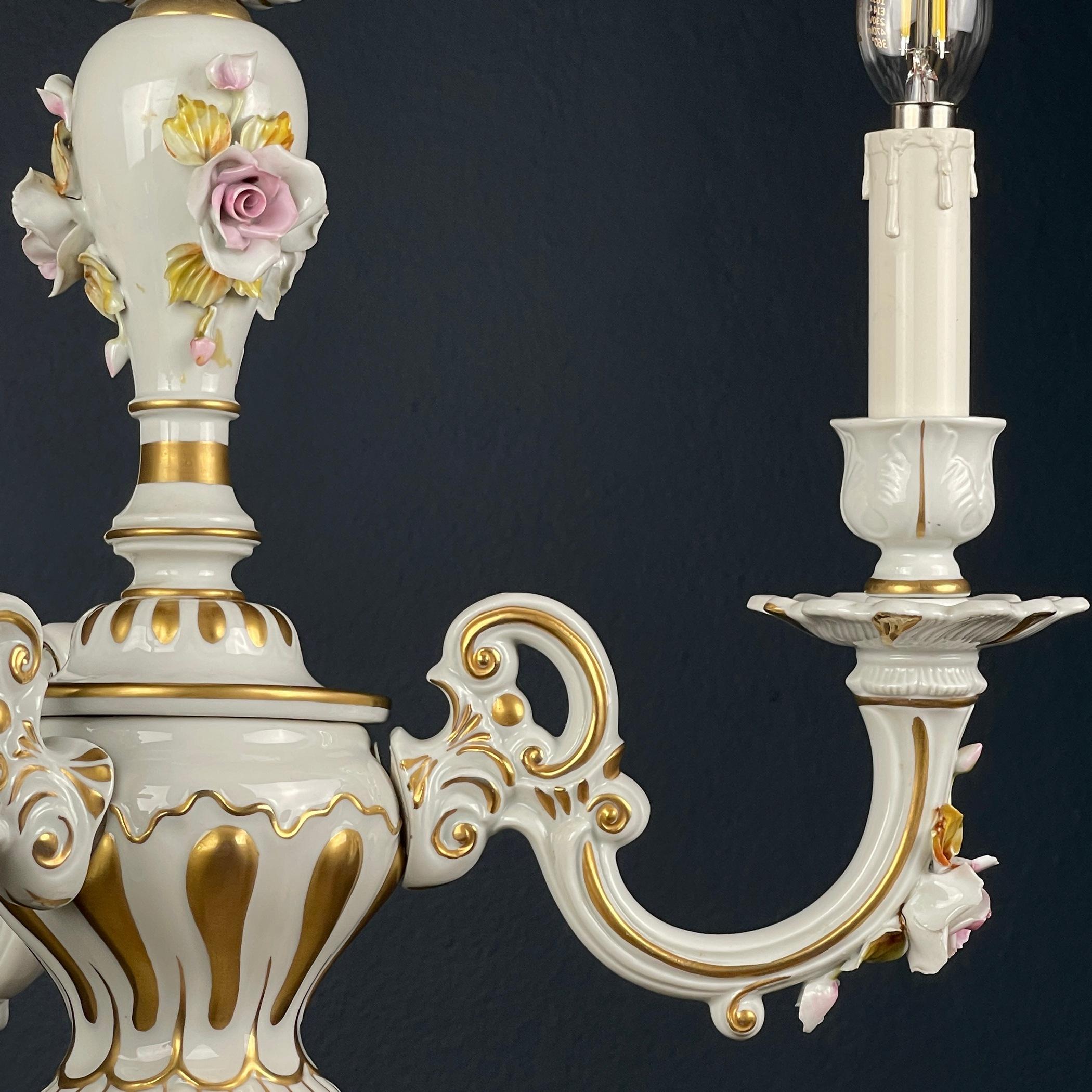 Vintage Capodimonte porcelain 3 arm chandelier Italy 1940s For Sale 4
