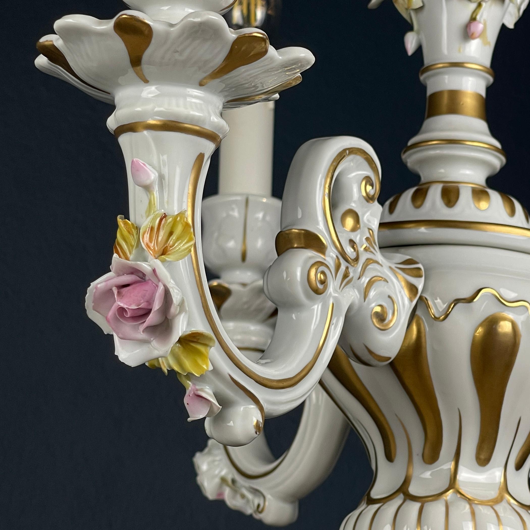 Vintage Capodimonte porcelain 3 arm chandelier Italy 1940s For Sale 6