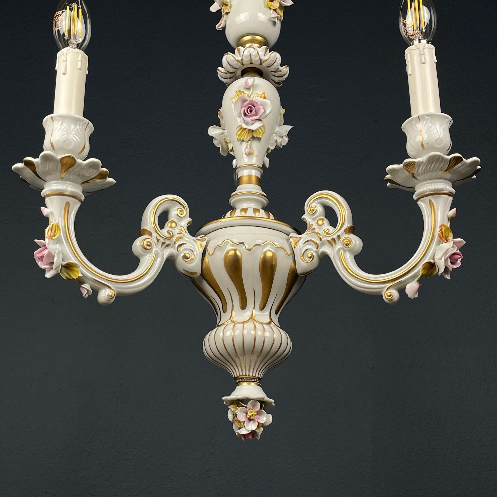 Italian Vintage Capodimonte porcelain 3 arm chandelier Italy 1940s For Sale