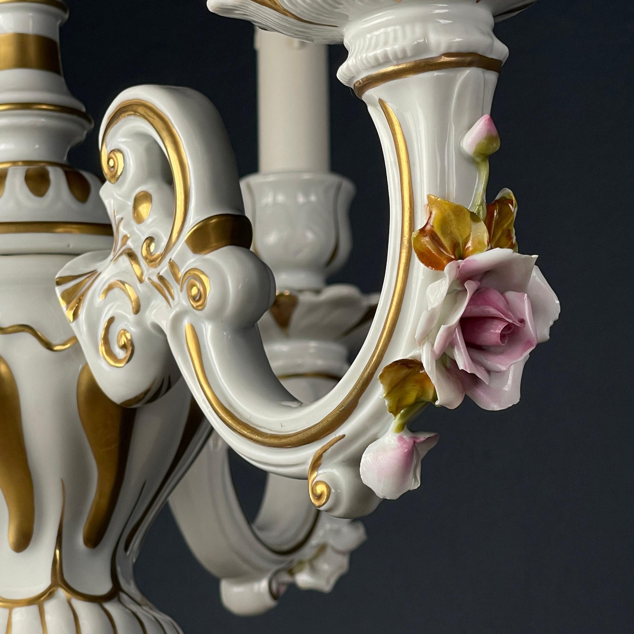 Ceramic Vintage Capodimonte porcelain 3 arm chandelier Italy 1940s For Sale