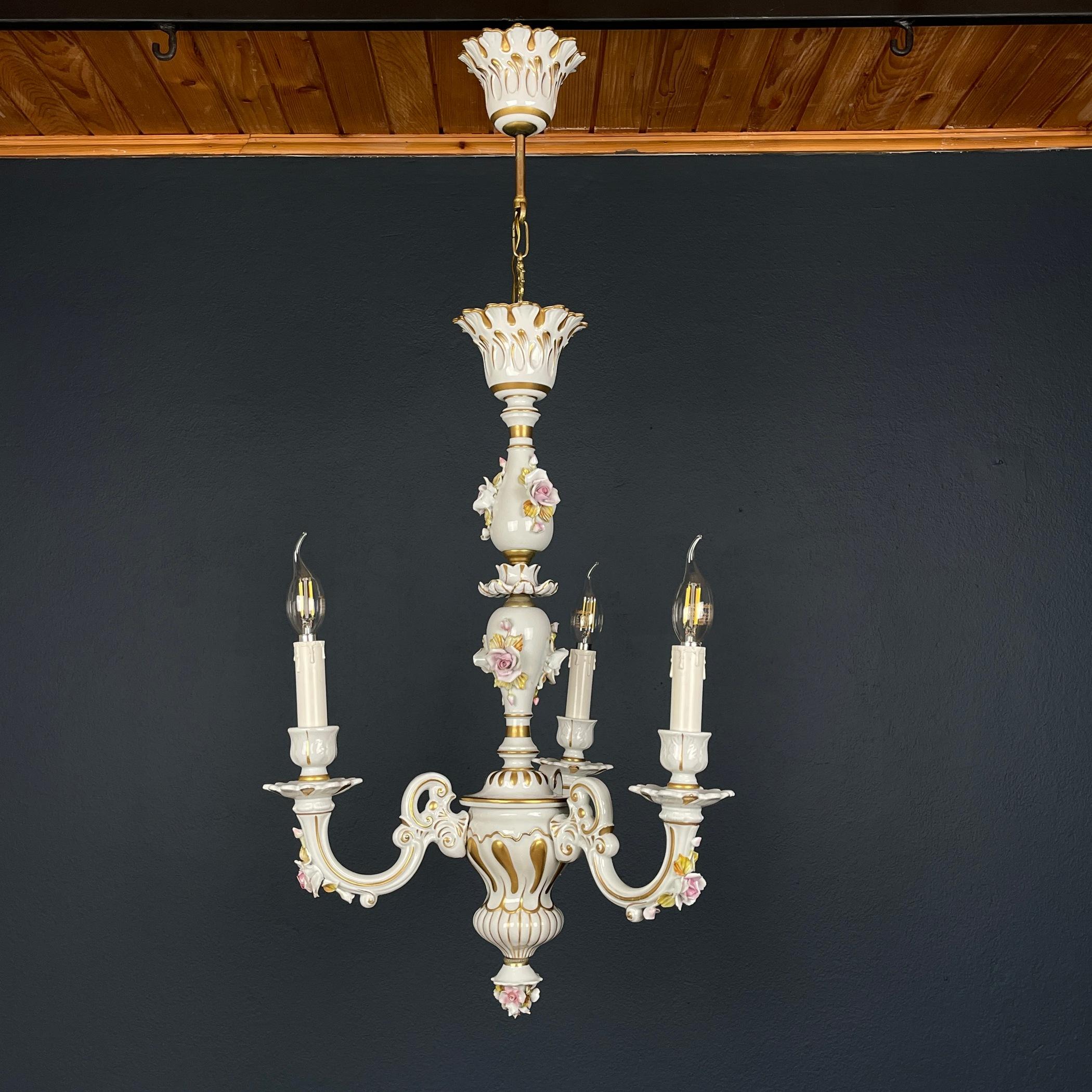 Vintage Capodimonte porcelain 3 arm chandelier Italy 1940s For Sale 1