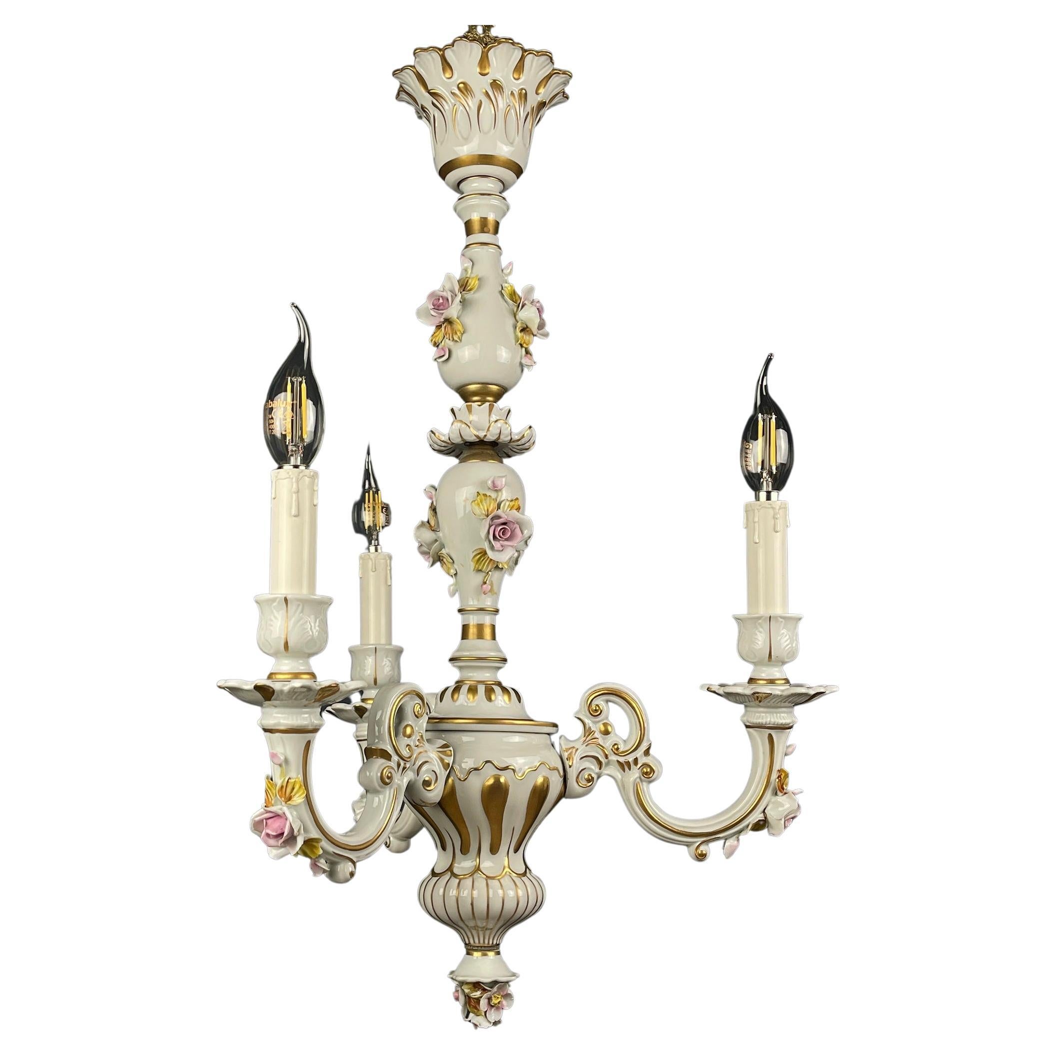 Vintage Capodimonte porcelain 3 arm chandelier Italy 1940s For Sale