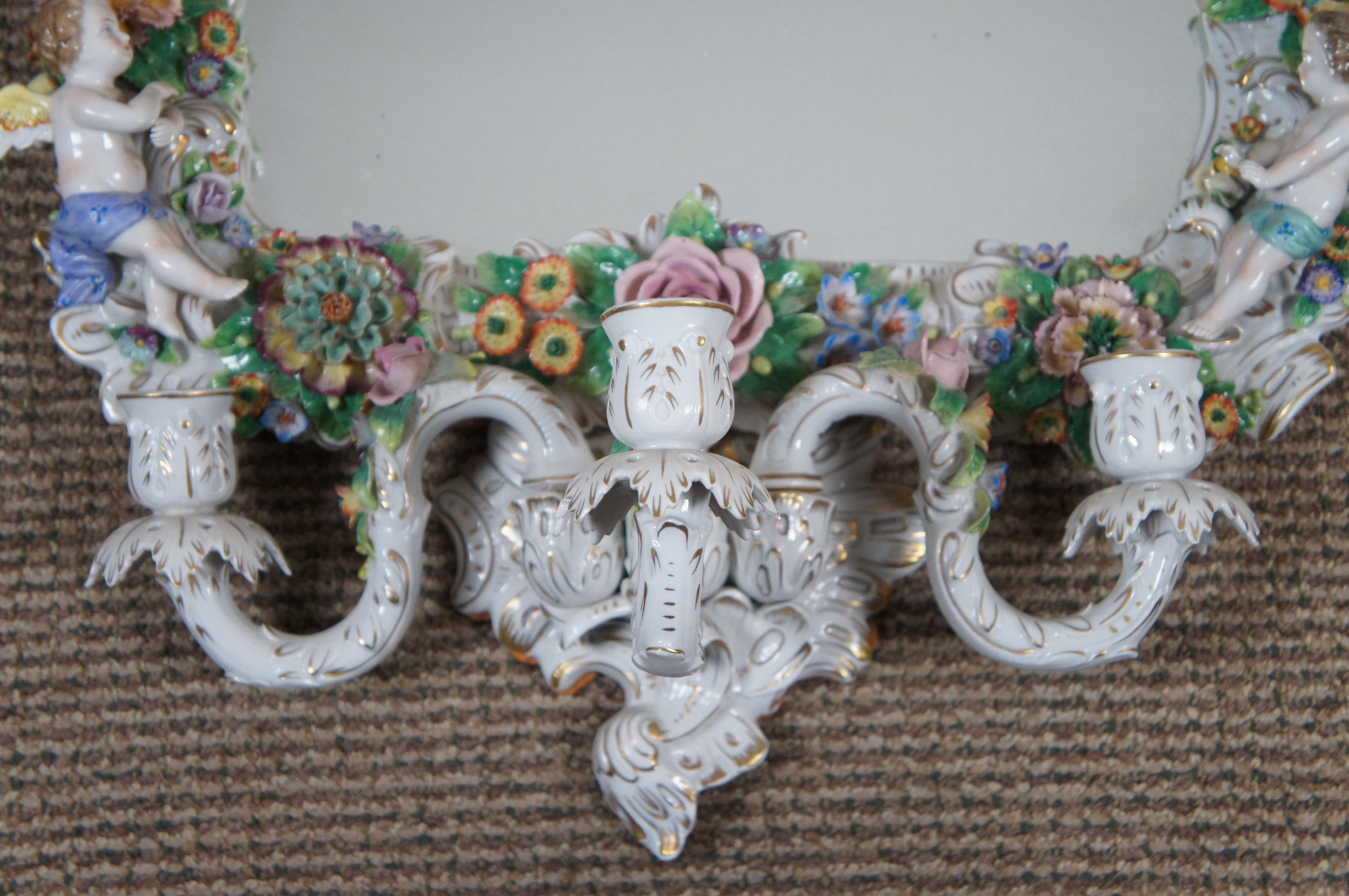 Vintage Capodimonte Porcelain Floral Cherub Candelabra Wall Mirror Dresden In Good Condition In Dayton, OH