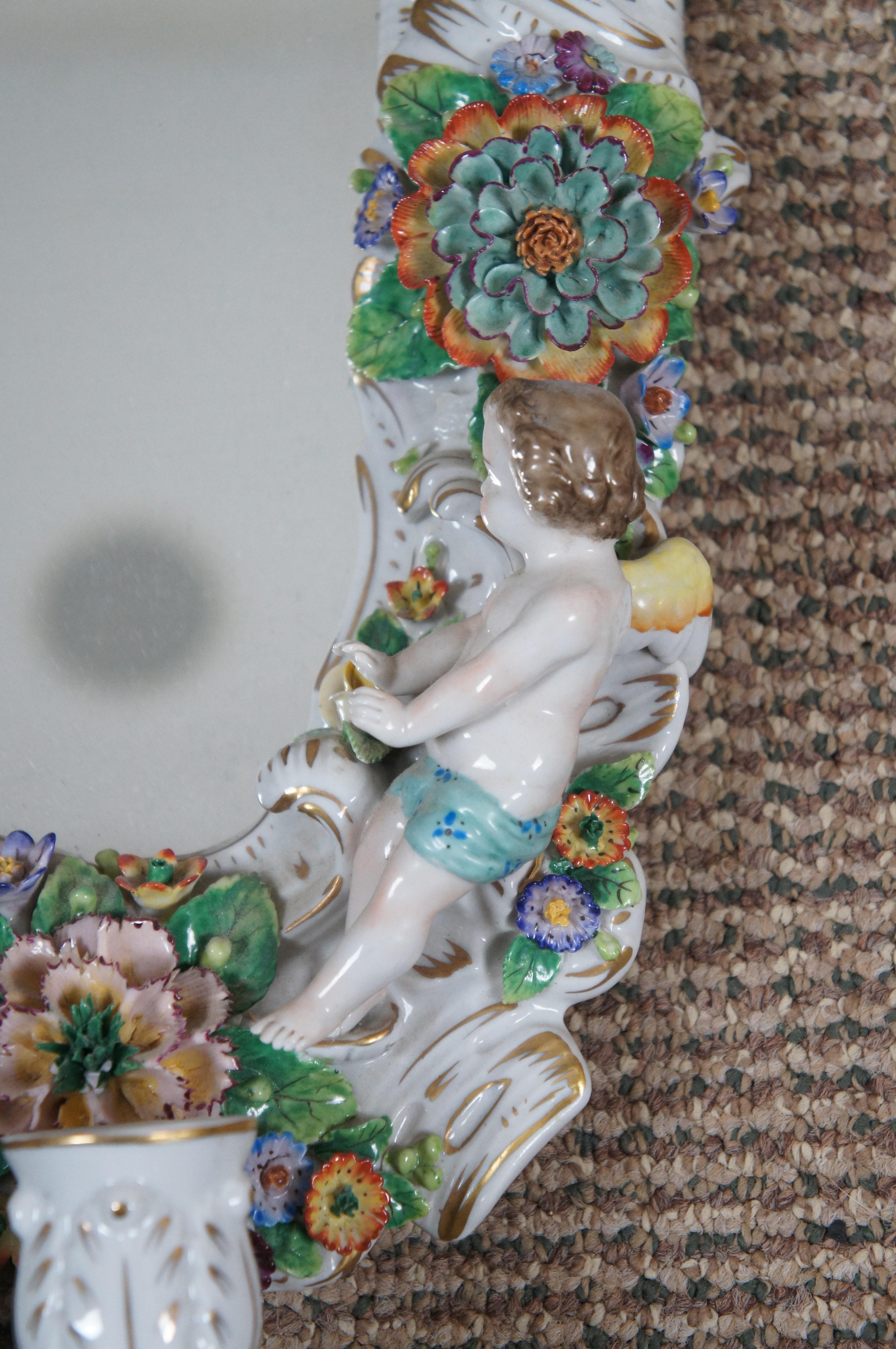 20th Century Vintage Capodimonte Porcelain Floral Cherub Candelabra Wall Mirror Dresden