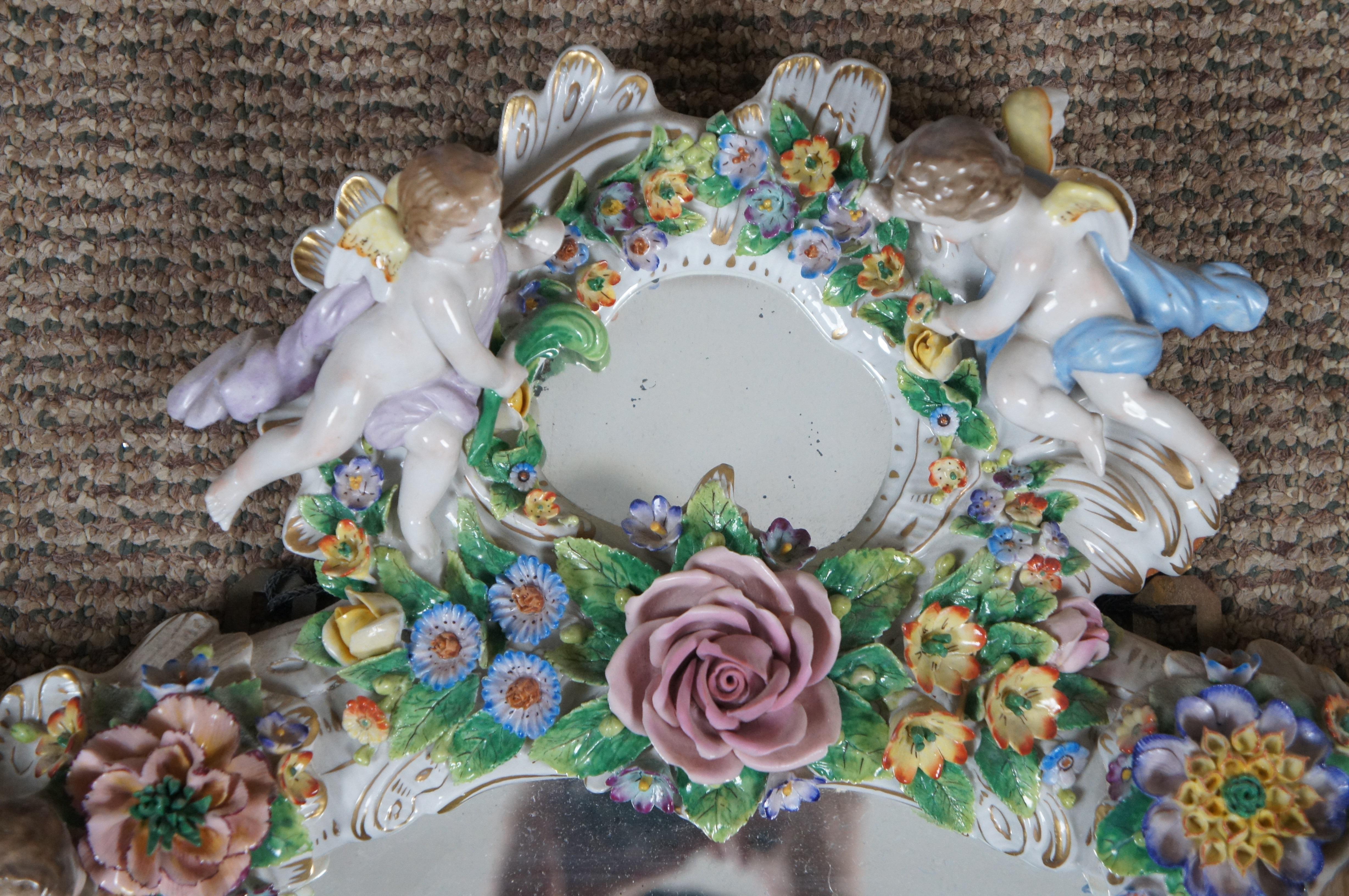 Vintage Capodimonte Porcelain Floral Cherub Candelabra Wall Mirror Dresden 2