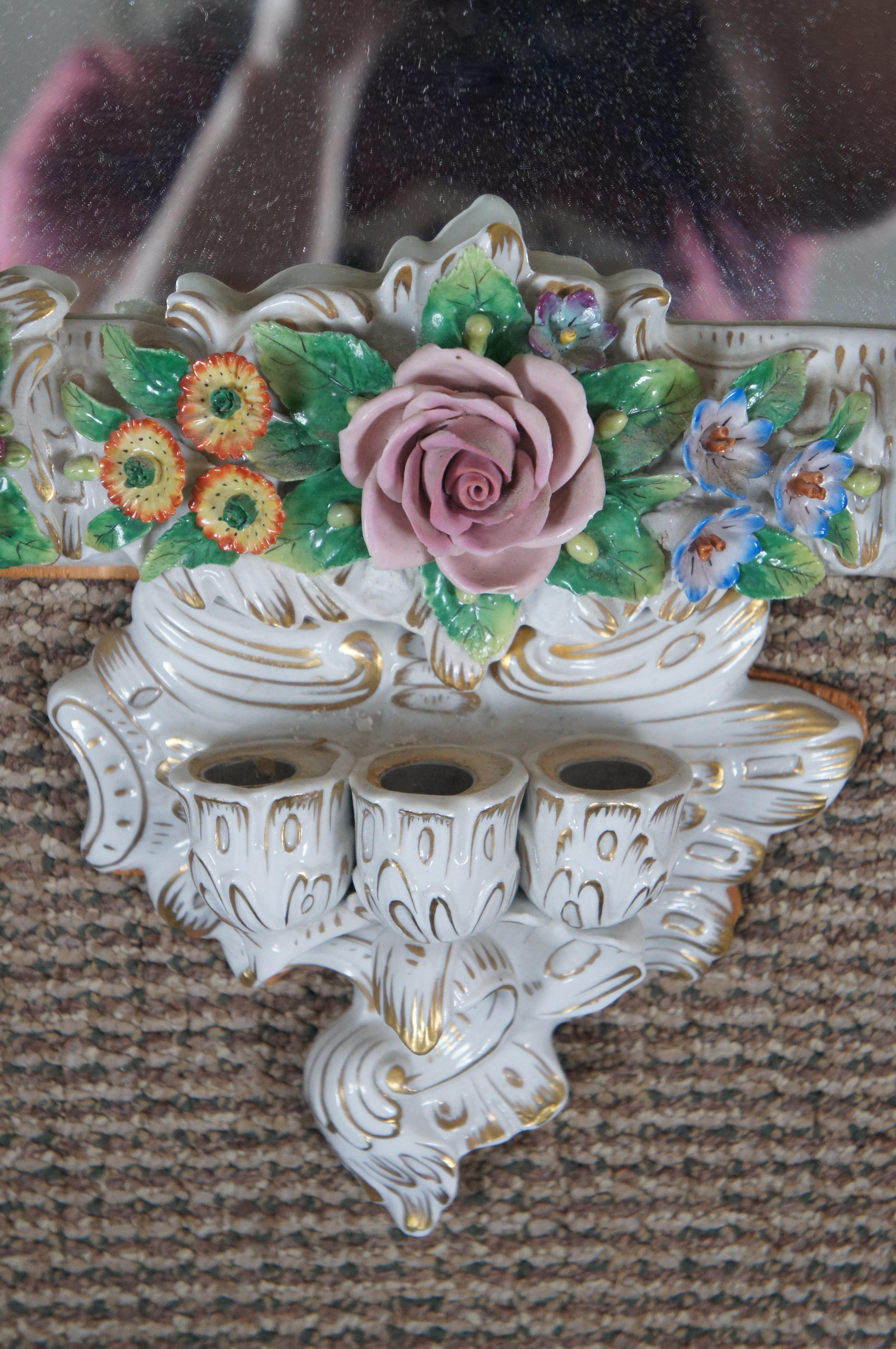 Vintage Capodimonte Porcelain Floral Cherub Candelabra Wall Mirror Dresden 4
