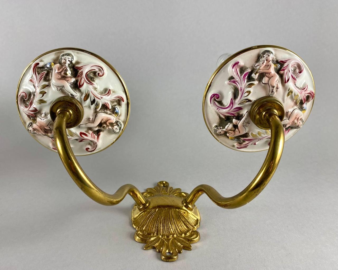 Late 20th Century Vintage Capodimonte Porcelain Wall Sconces with Putti and Floral Pattern, 1980 For Sale