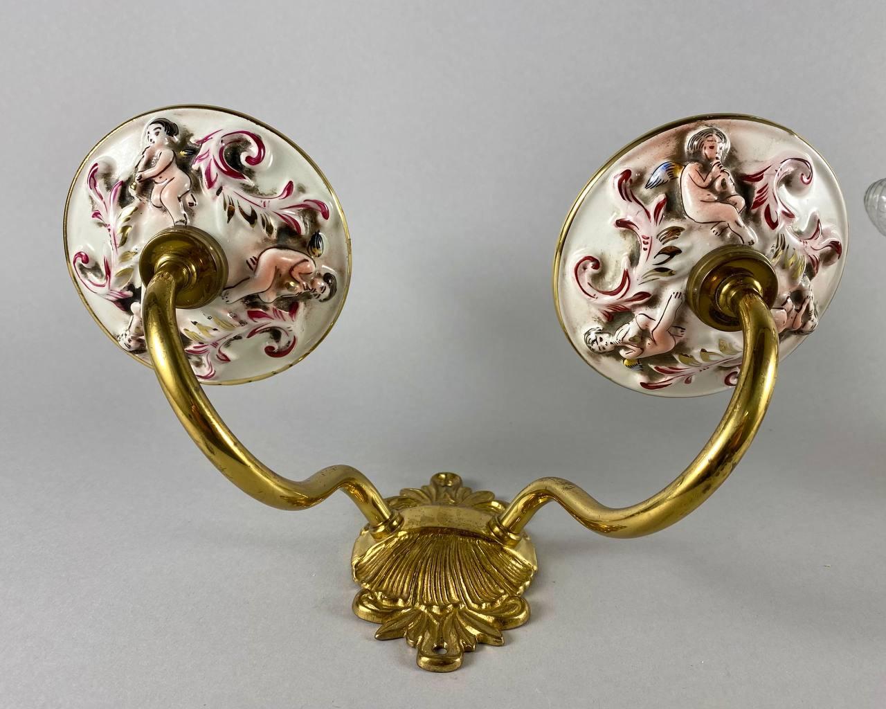 Metal Vintage Capodimonte Porcelain Wall Sconces with Putti and Floral Pattern, 1980 For Sale