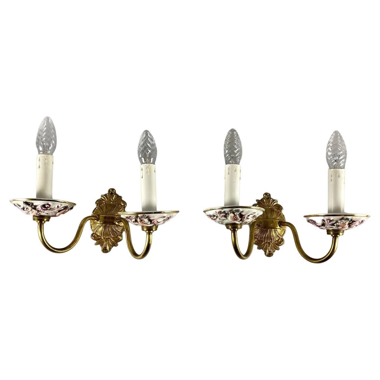 Vintage Capodimonte Porcelain Wall Sconces with Putti and Floral Pattern, 1980 For Sale