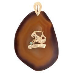 Pendentif en agate Capricorn vintage en or jaune 14 carats, grand signe du zodiaque