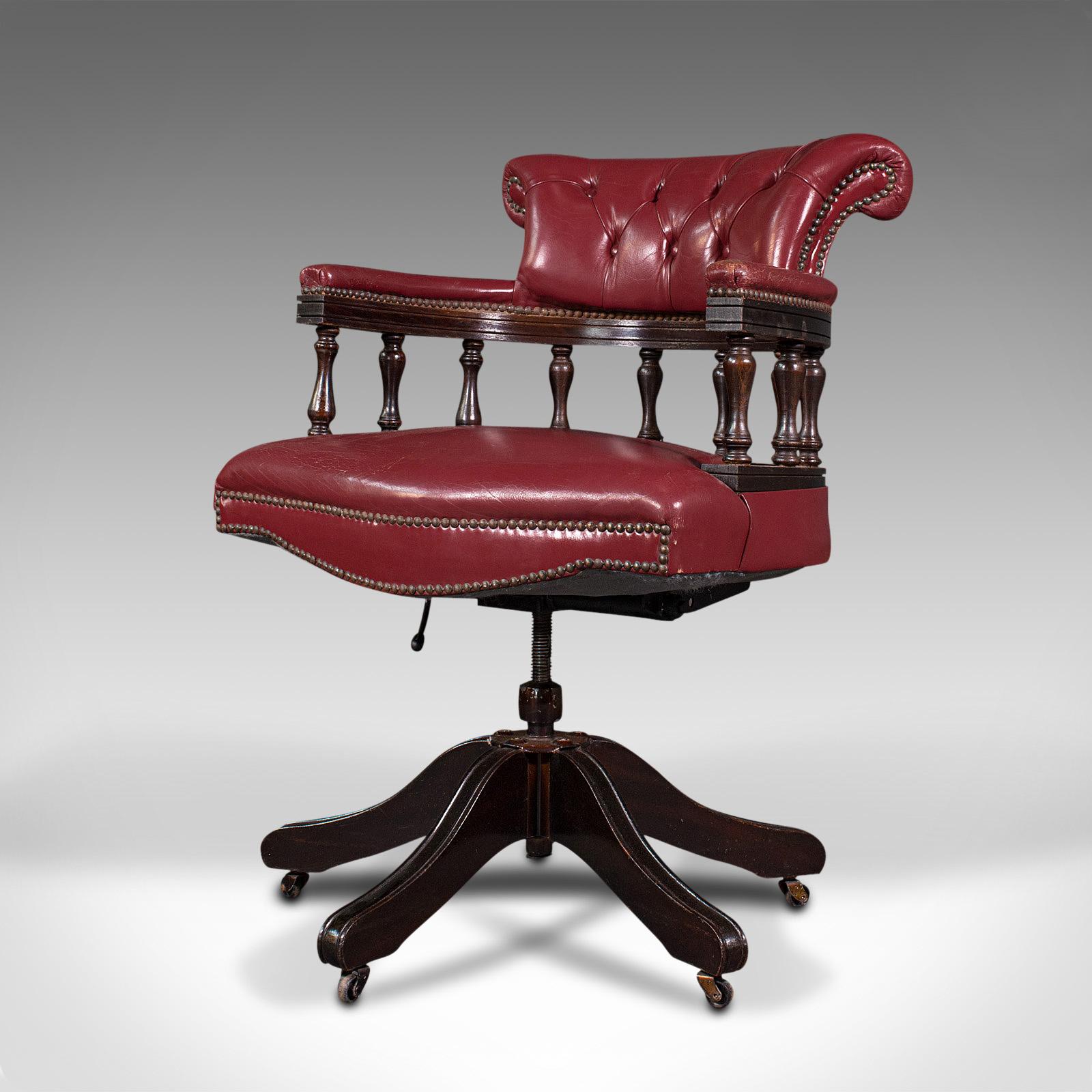 British Vintage Captain's Chair, English, Leather, Desk, Victorian Revival, Circa 1960