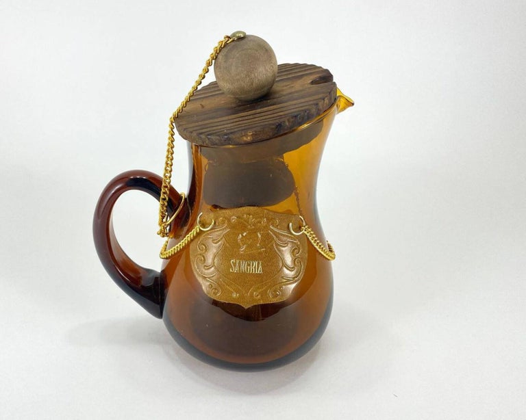 Vintage Carafe or Pitcher with Lid in Amber Glass with Wooden Stopper