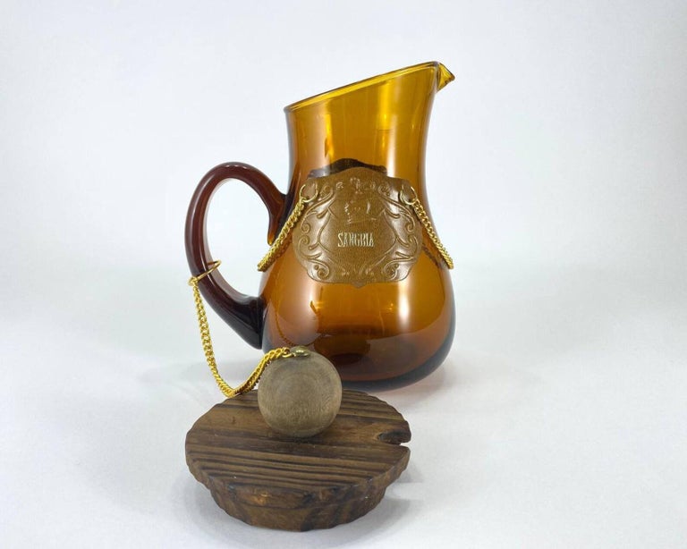 Vintage Carafe or Pitcher with Lid in Amber Glass with Wooden Stopper