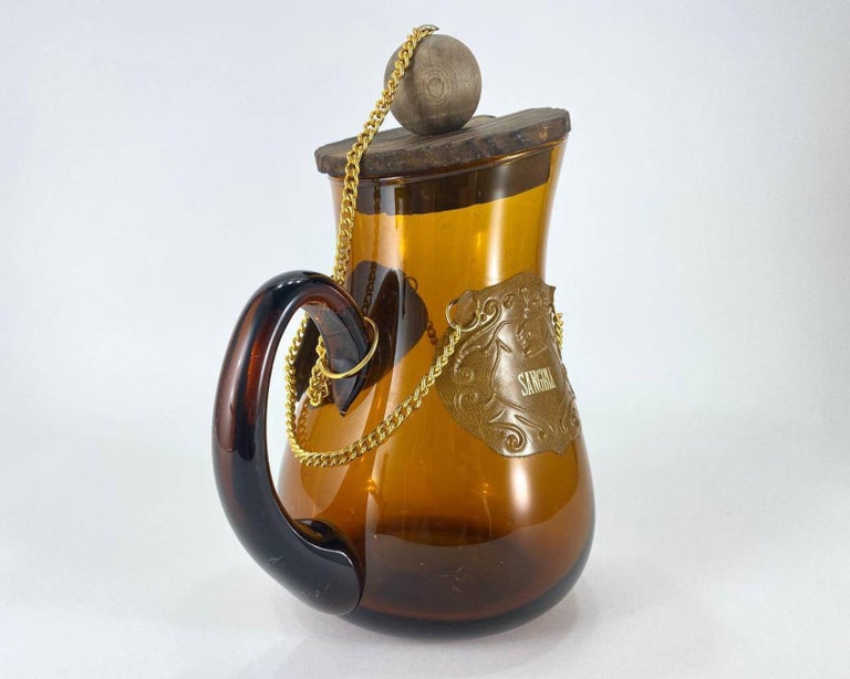 Vintage Carafe or Pitcher with Lid in Amber Glass with Wooden Stopper