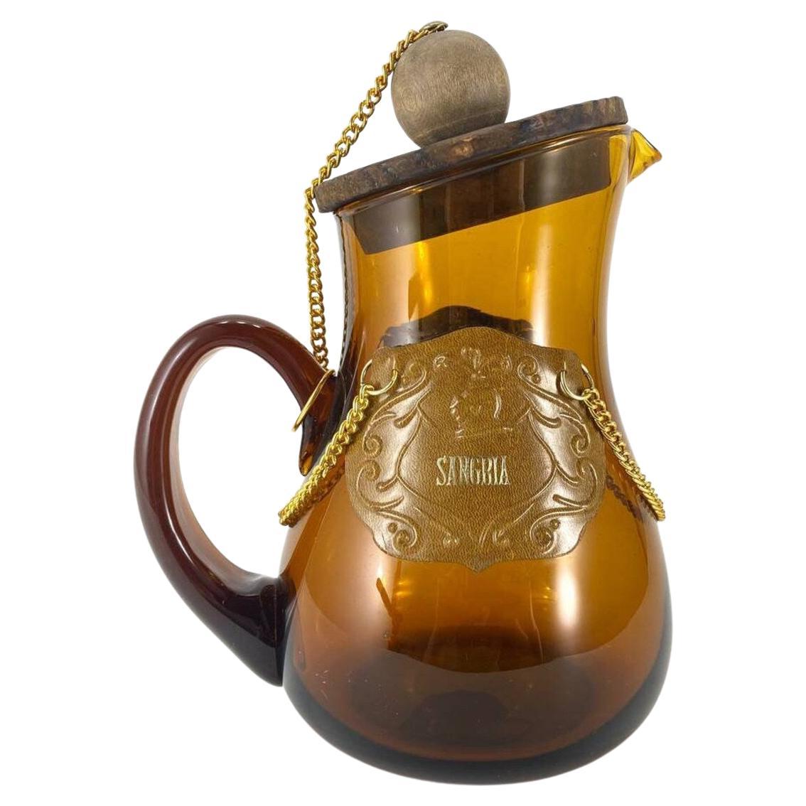 Vintage Carafe or Pitcher with Lid in Amber Glass with Wooden Stopper, 1970
