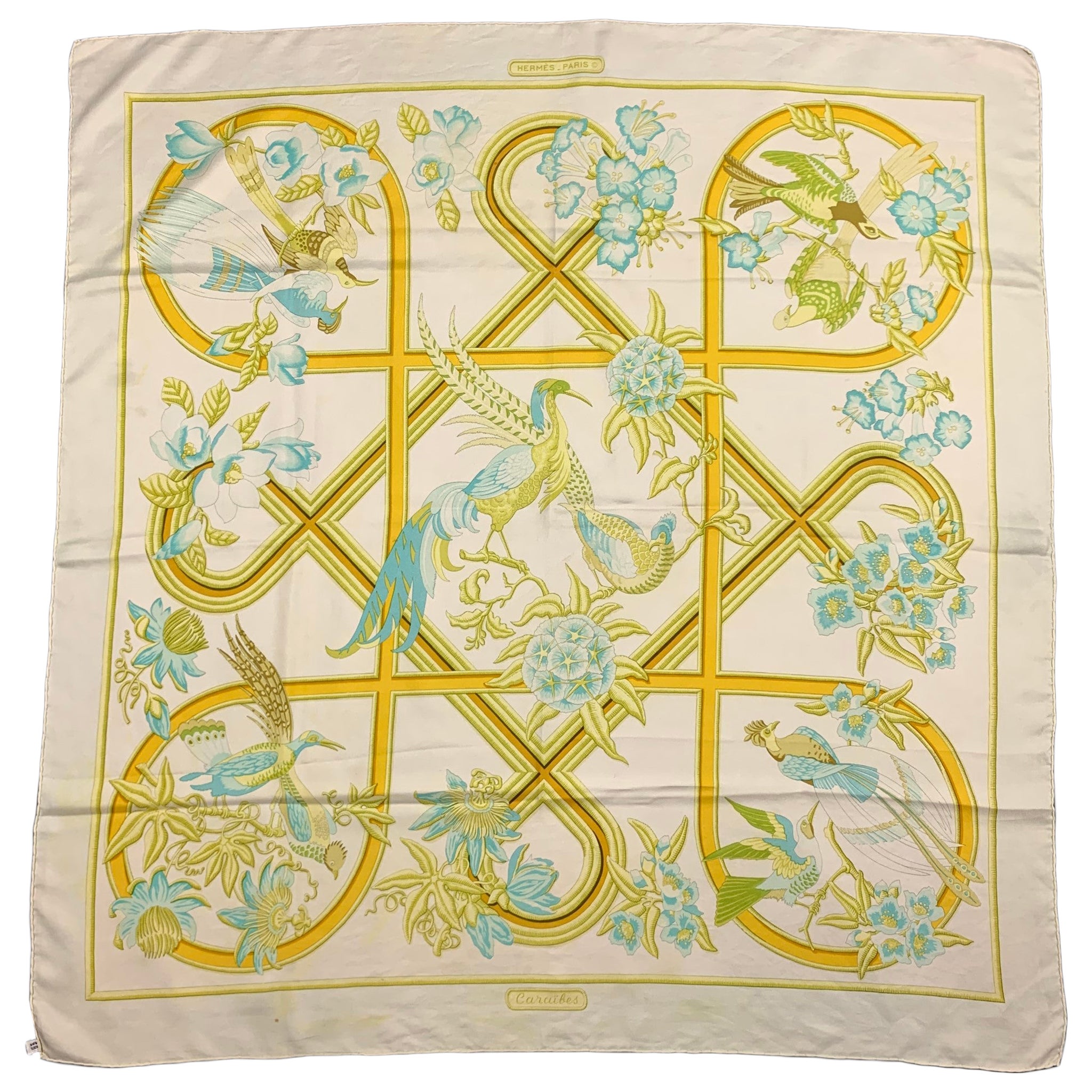 Vintage Caraibes HERMES Yellow 
White Bird Print Silk Scarf
