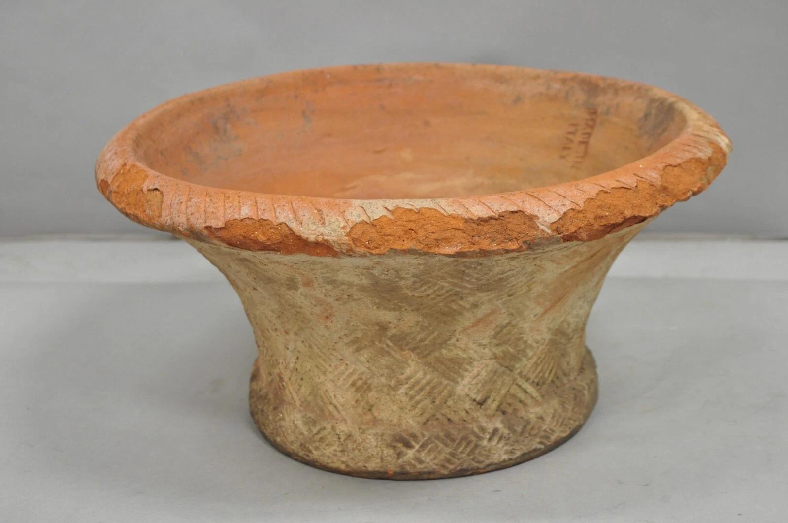 Vintage Carbone Terracotta Pottery Basket Weave Garden Old World Planter Pot with Weathered and Distressed Appearance. Circa Mid 20th Century. Measurements: 8.5
