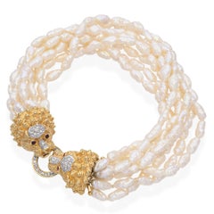 Vintage Cardow Pearl Bracelet with 14K Yellow Gold Diamond  Lion's Head Clasp