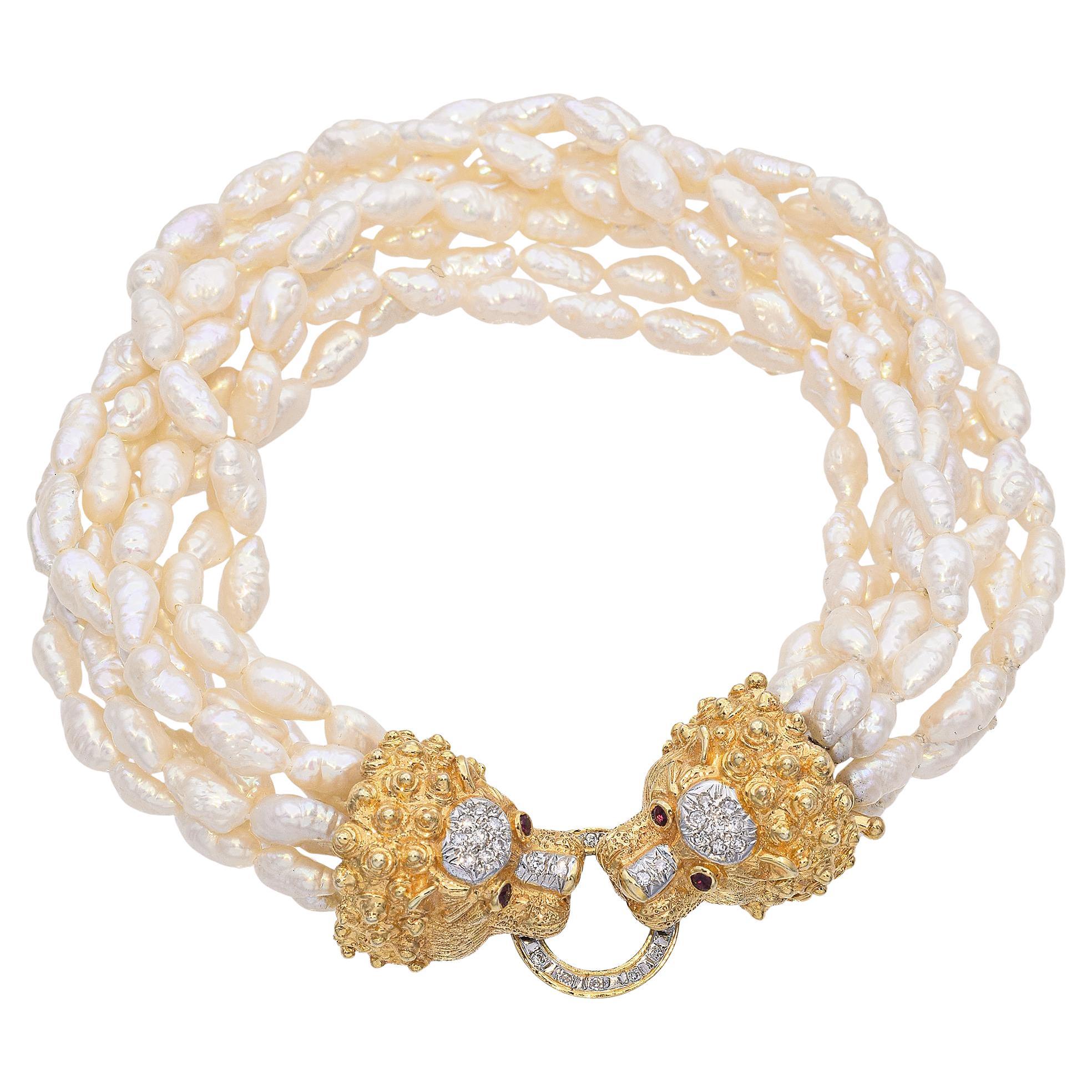 Vintage Cardow Pearl Bracelet with 14K Yellow Gold Diamond  Lion's Head Clasp
