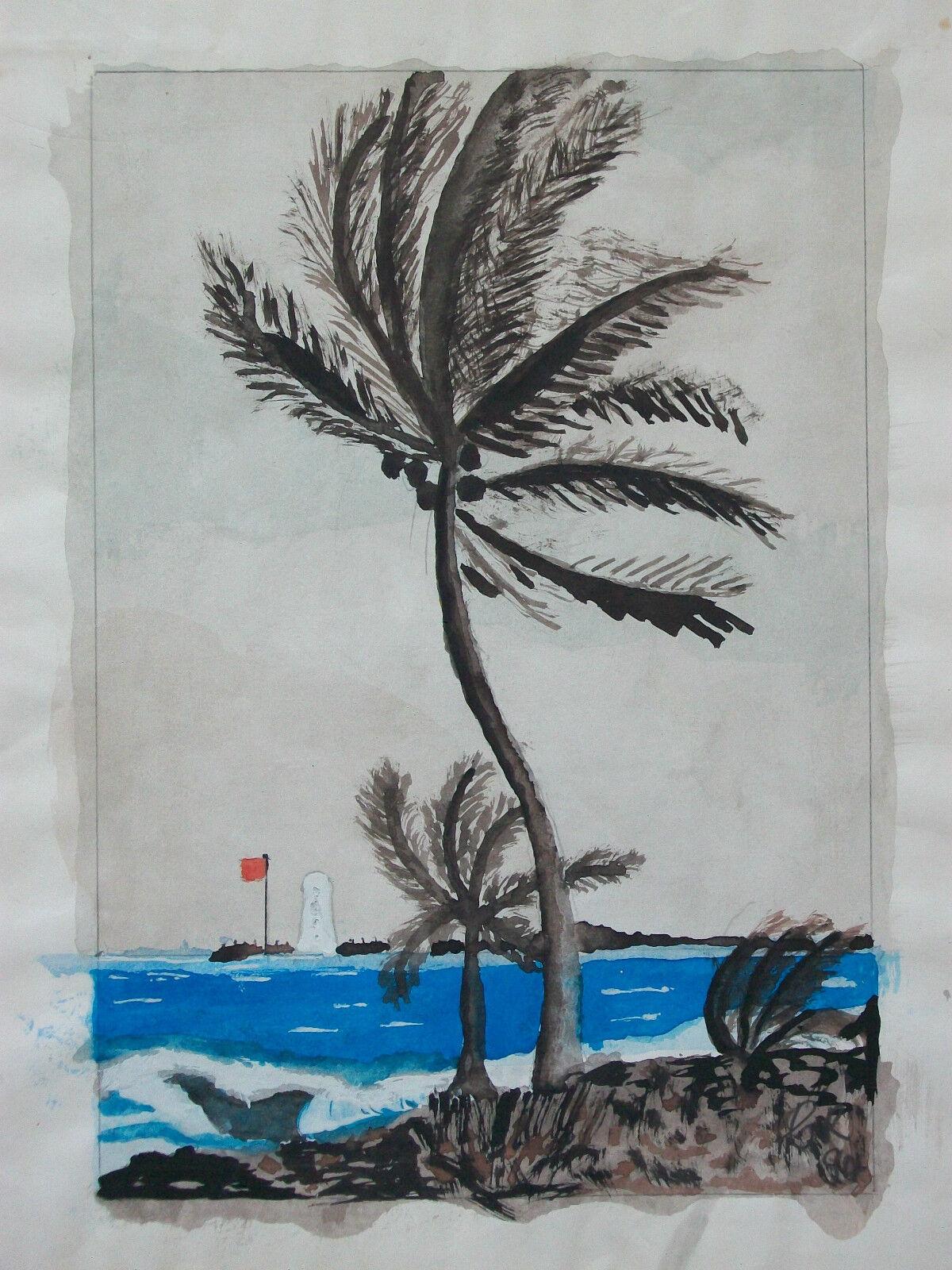 Folk Art Vintage Caribbean Watercolor Painting on Paper - Initialed - Unframed - C. 1994 For Sale