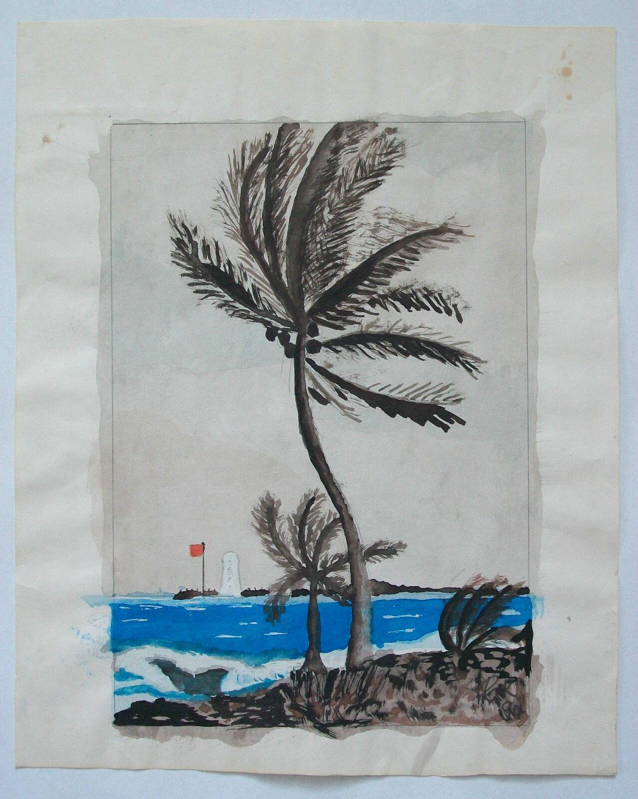 Hand-Painted Vintage Caribbean Watercolor Painting on Paper - Initialed - Unframed - C. 1994 For Sale