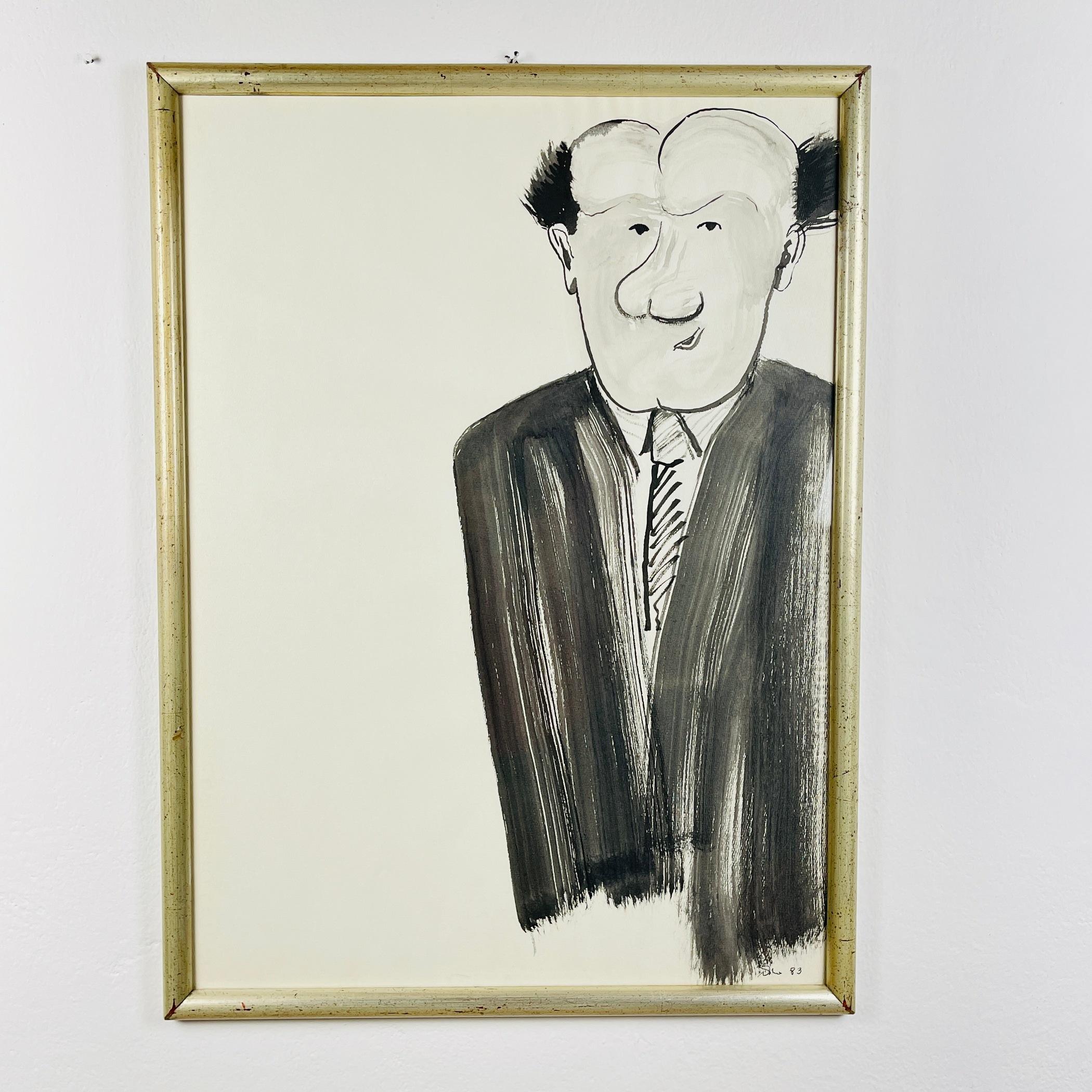 A caricature portrait of an unknown man, created in Trieste (Italy) in 1983 using black watercolor. Since the author is unknown, it adds an air of mystery to the piece. Caricatures are known for exaggerating certain features or characteristics of a