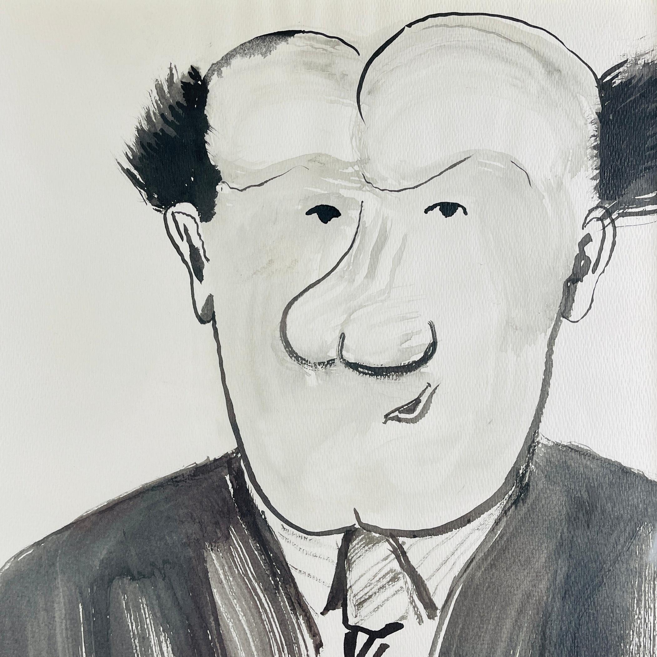 Mid-Century Modern Vintage Caricature Portrait, watercolor on paper, Italy, 1983 For Sale
