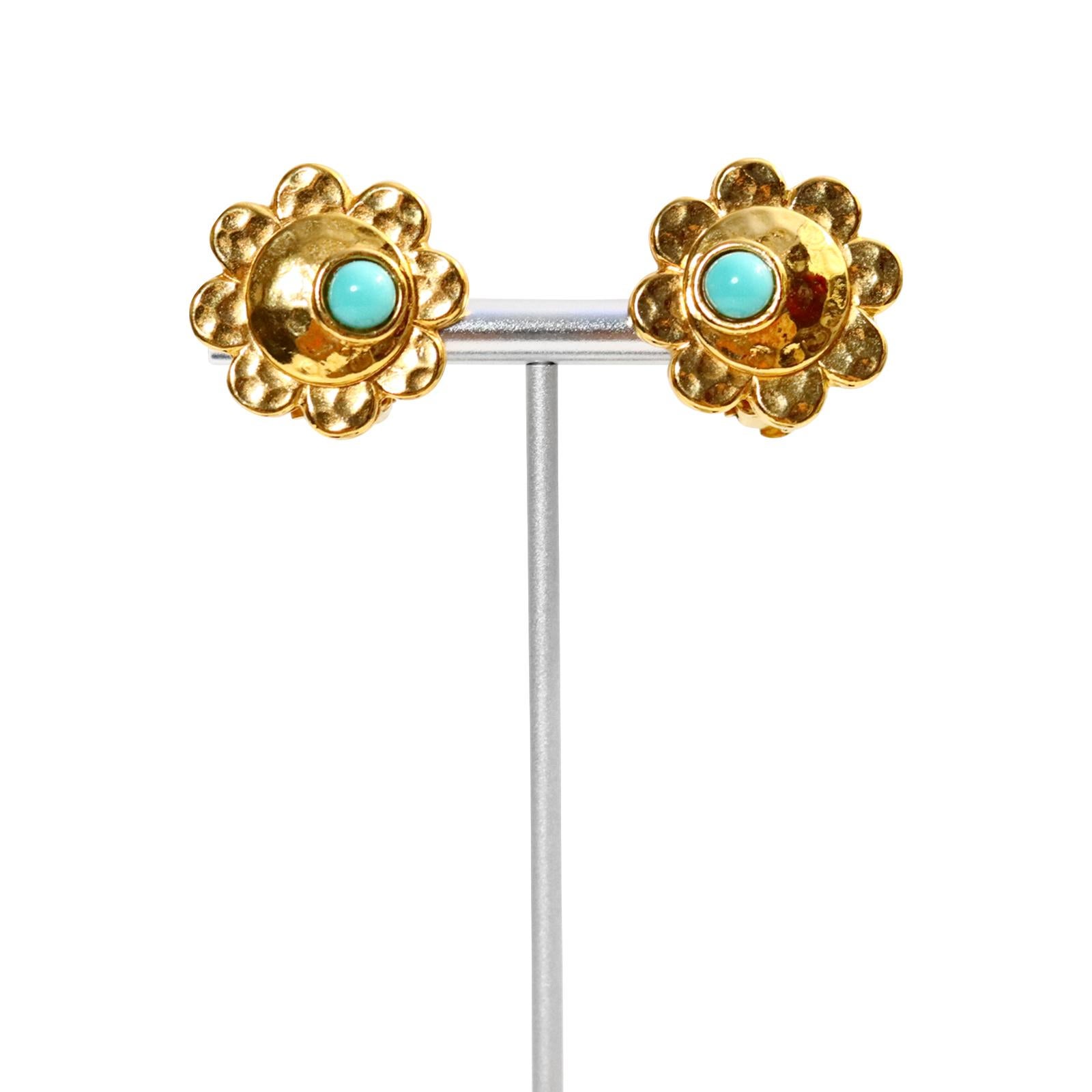 Modern Vintage Carita Paris Gold with Faux Turquoise Earrings, Circa 1980s For Sale