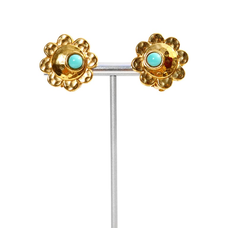 Vintage Carita Paris Gold with Faux Turquoise Earrings, Circa 1980s In Good Condition For Sale In New York, NY