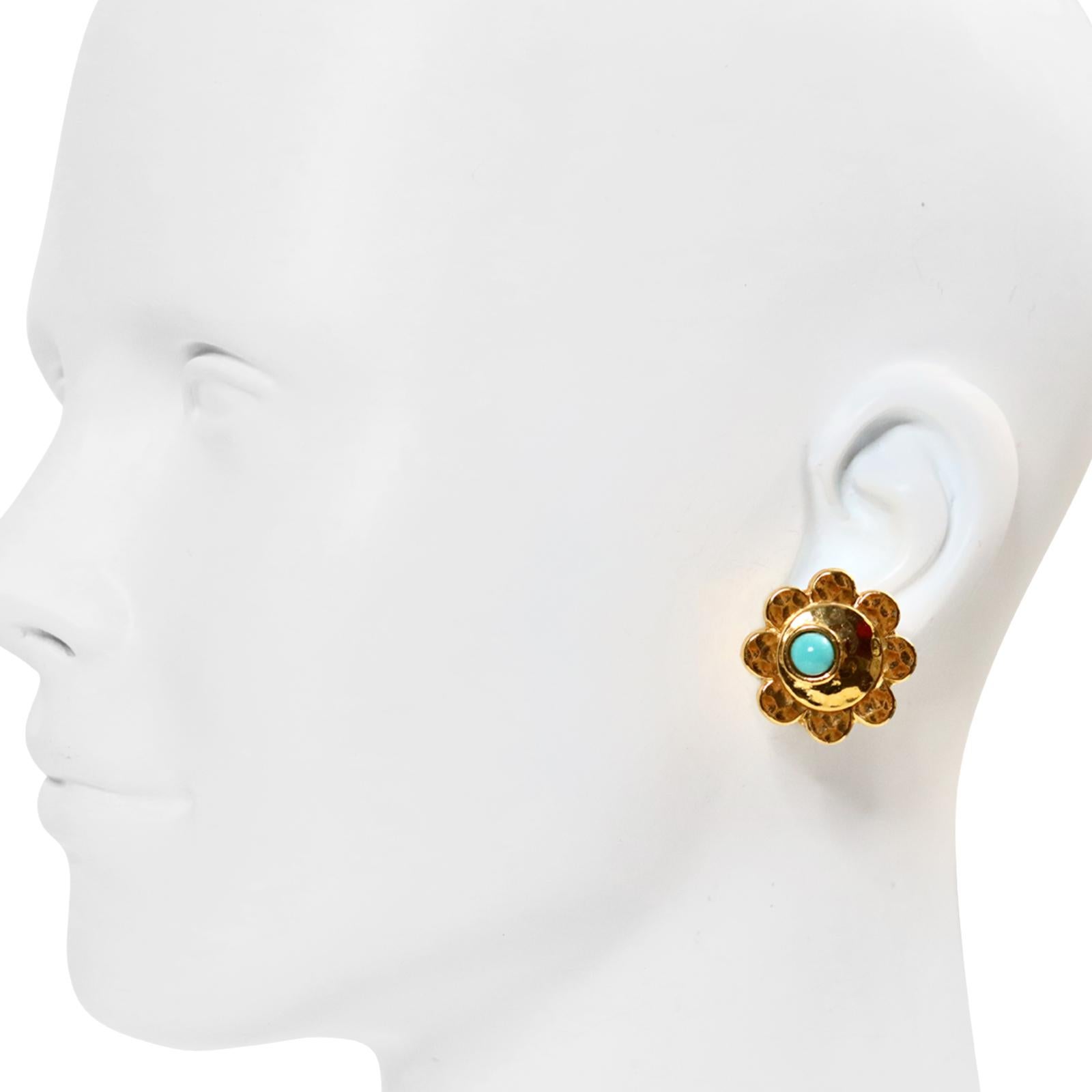 Vintage Carita Paris Gold with Faux Turquoise Earrings, Circa 1980s For Sale 2