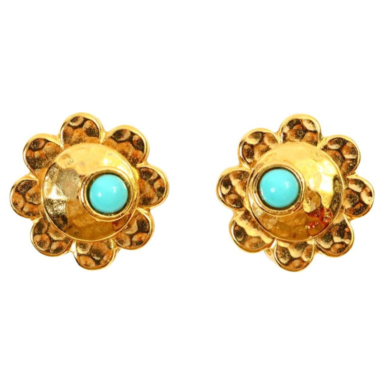 Vintage Carita Paris Gold with Faux Turquoise Earrings, Circa 1980s For Sale