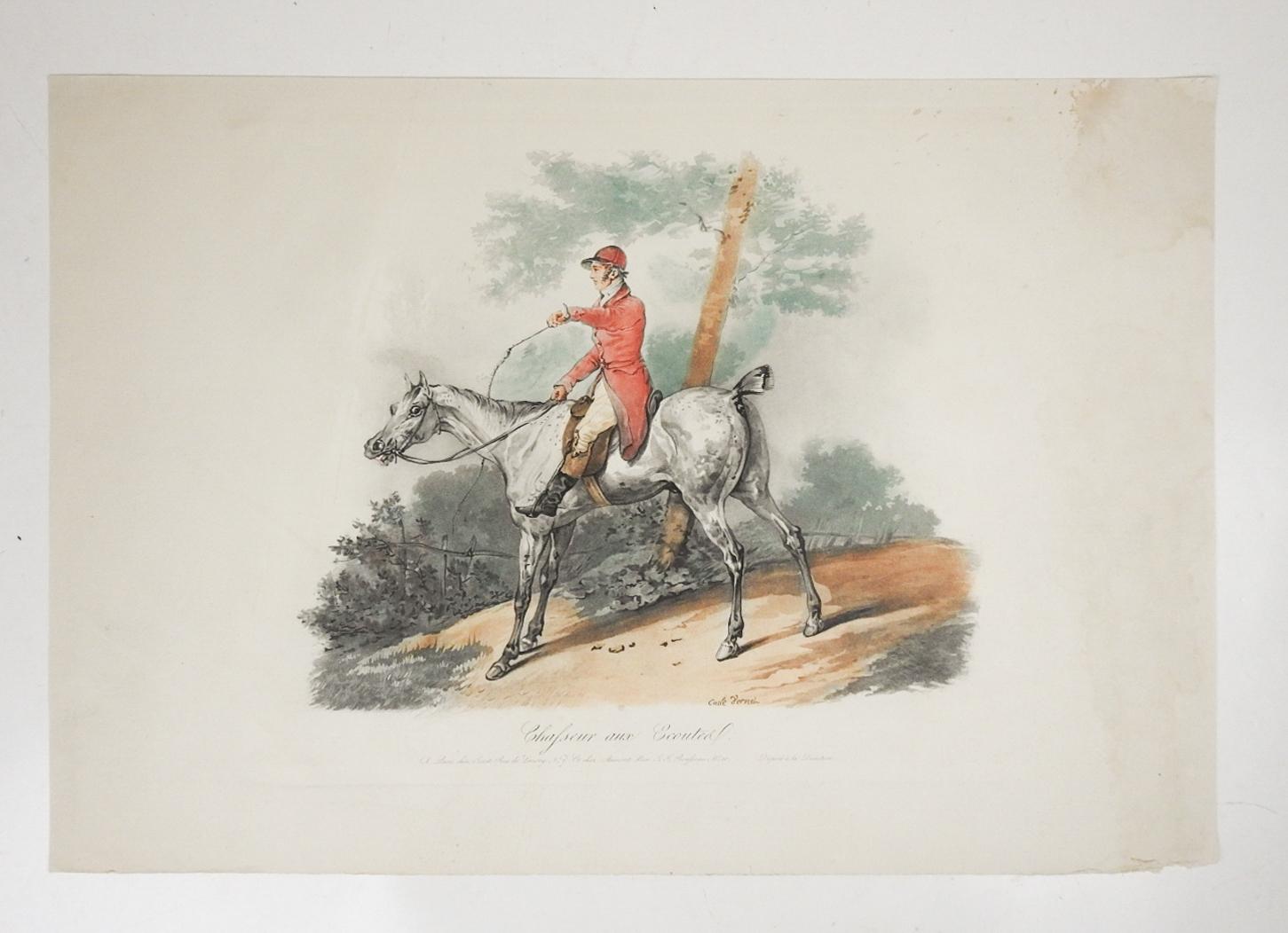 Ristampa d'epoca su carta pesante di un'incisione all'acquatinta dell'inizio del XX secolo che raffigura un equestre su un cavallo grigio scuro dopo Carle Vernet (1758-1836) in Francia; incisa da Jean Pierre Marie Jazet (1788-1871).  Ristampa di
