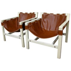 Vintage Carlo Hauner for Forma Italian Safari Brown Pair Leather Lounge Chairs