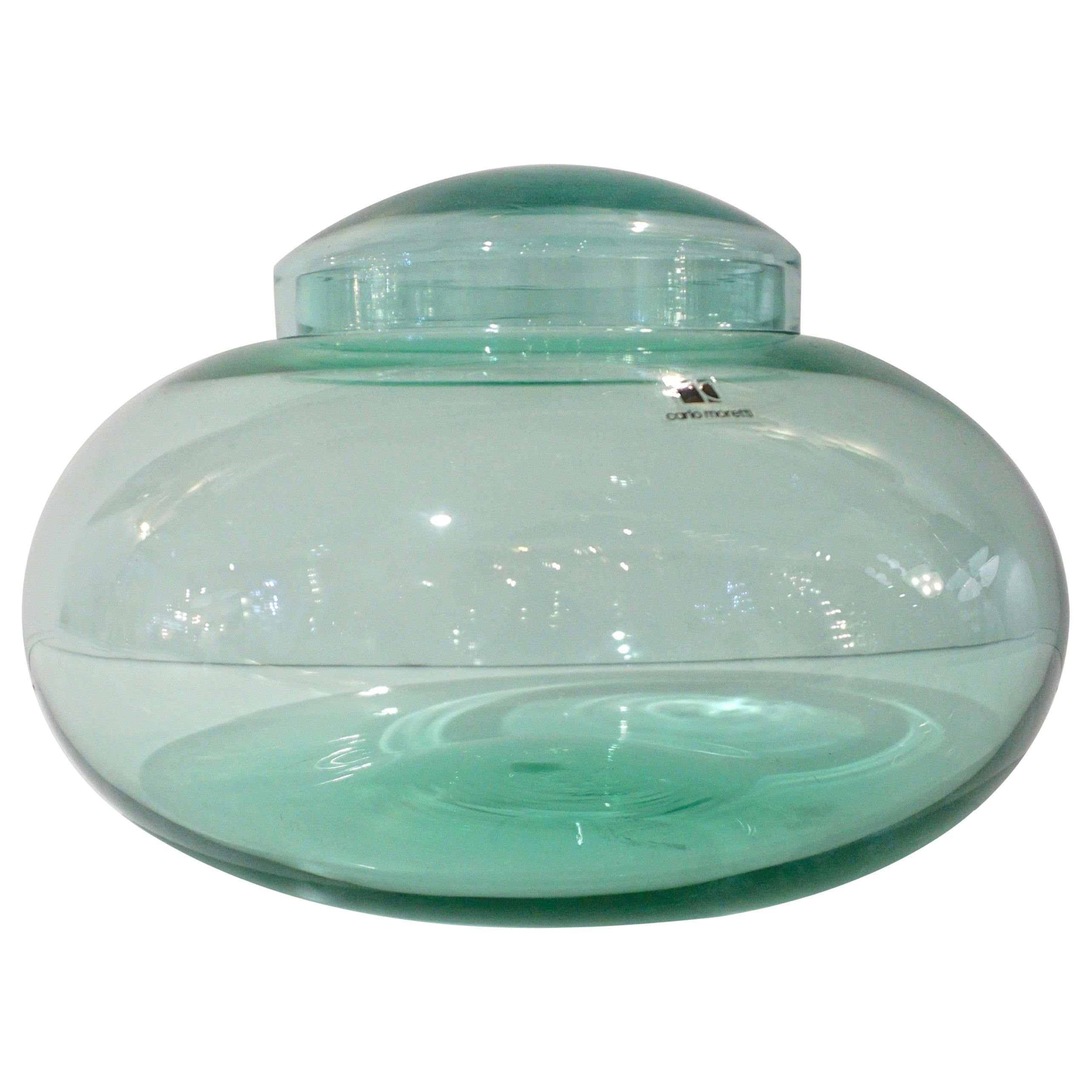 Vintage Carlo Moretti 1980 Round Apple Mint Murano Crystal Glass Bowl with Cover