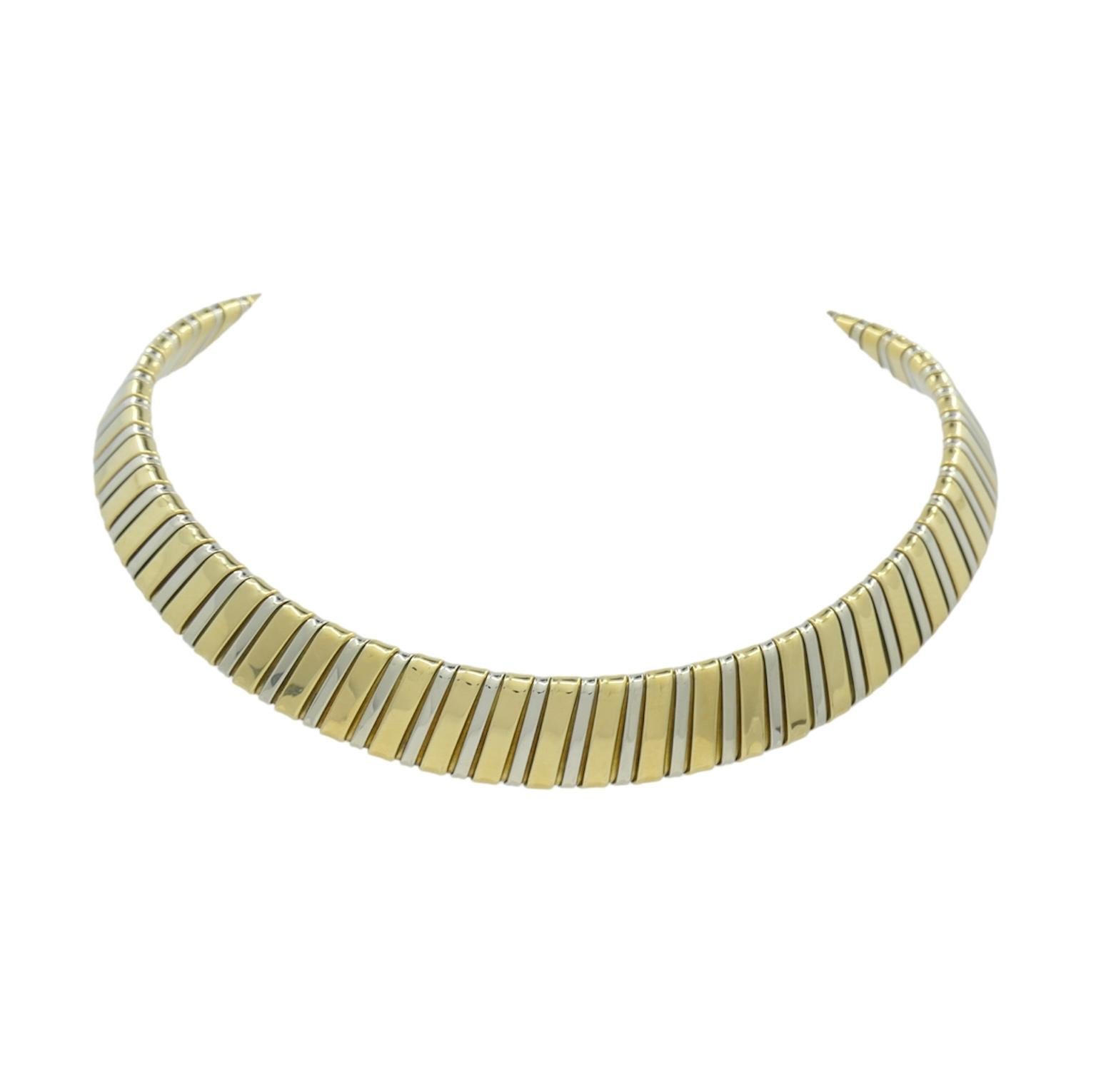 Vintage Carlo Weingrill Two-tone 18k Gold Necklace
White and Yellow gold.
Known as the father of the Tubogas design, Carlo Weingrill brings us this beautiful 1980s necklace. It sits beautifully on the collar bones. Weighing 72.4 grams, and 15 inches