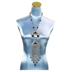 Vintage Carlo Zini Diamante and Blue Cabochon Dangling Necklace Circa 2000s