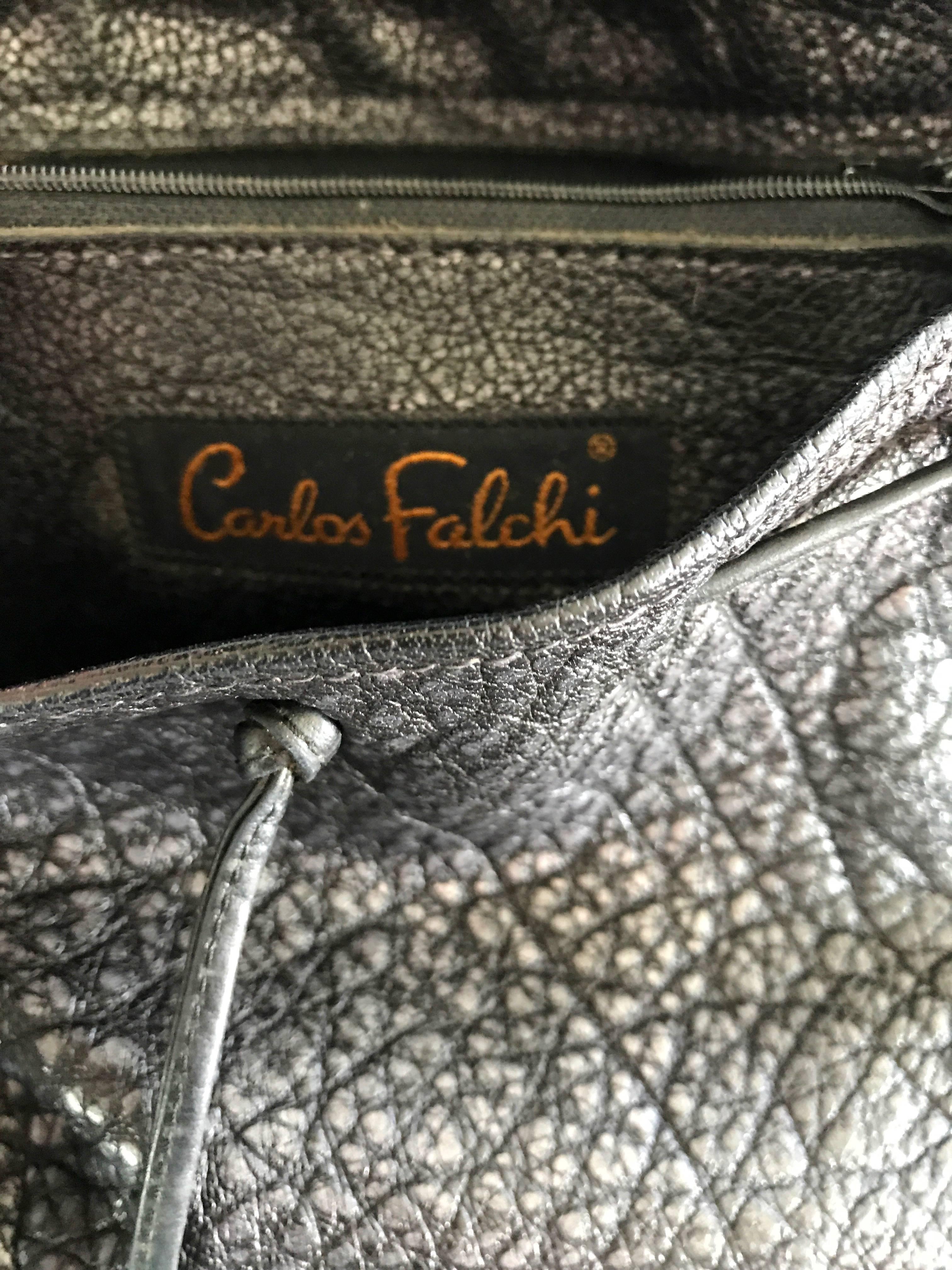 Vintage Carlos Falchi Black Buffalo Leather Shoulder Bag or Crossbody Purse 2