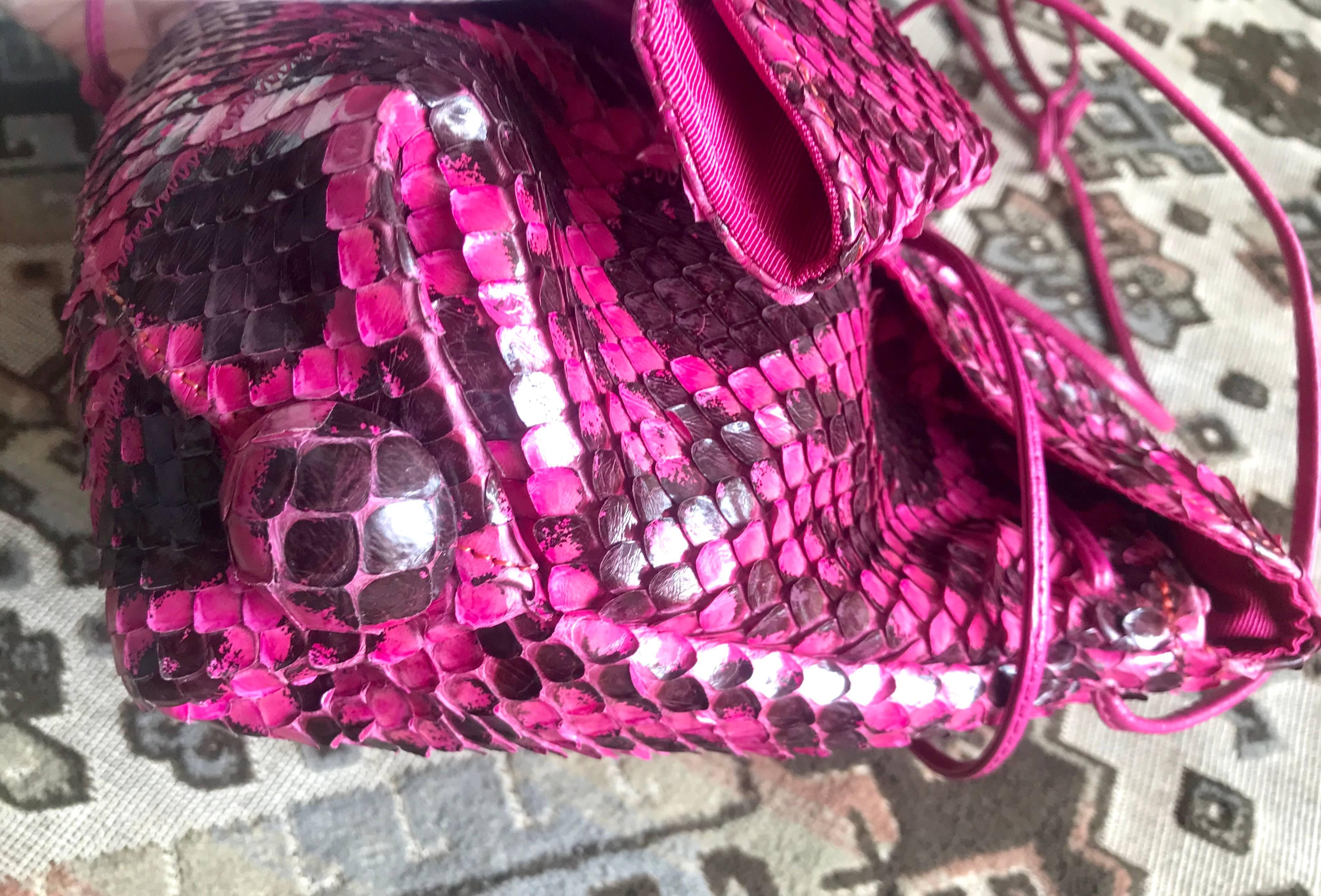 Women's Carlos Falchi Vintage genuine pink and black combo snakeskin shoulder bag 